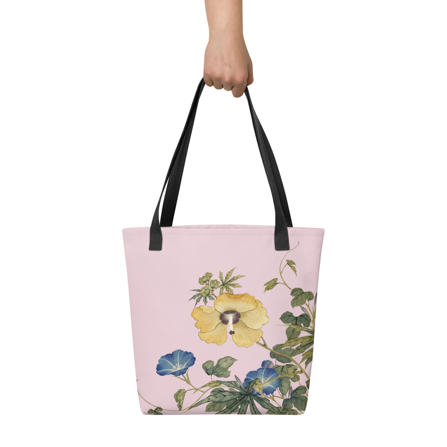 The Spirit of Flowers in Twelve Months｜Okra and White-edged Morning Glory in Bloom｜Tote bag｜Pale pinkish gray