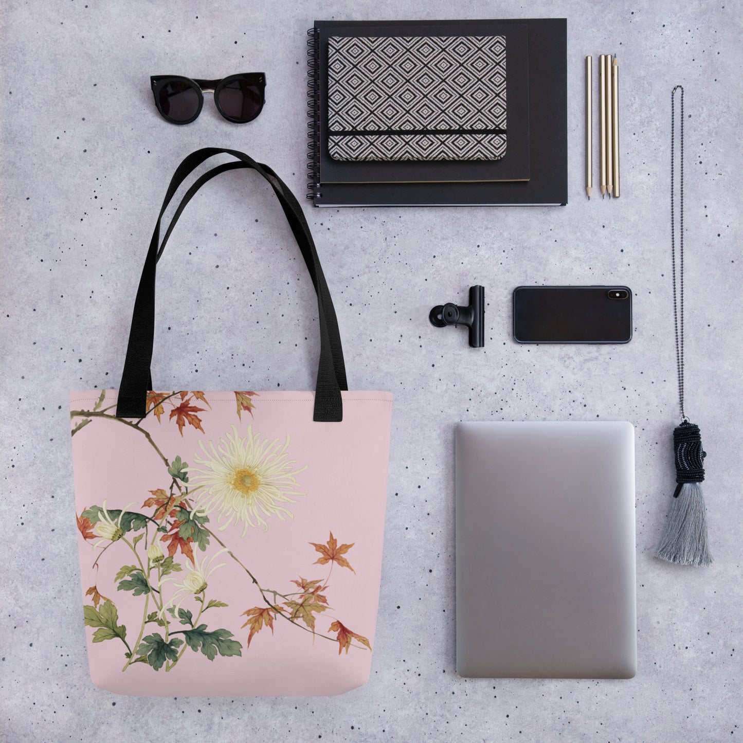 The Spirit of Flowers in Twelve Months｜Blooming Chrysanthemum and Maple Leaves｜Tote bag｜Pale pinkish gray