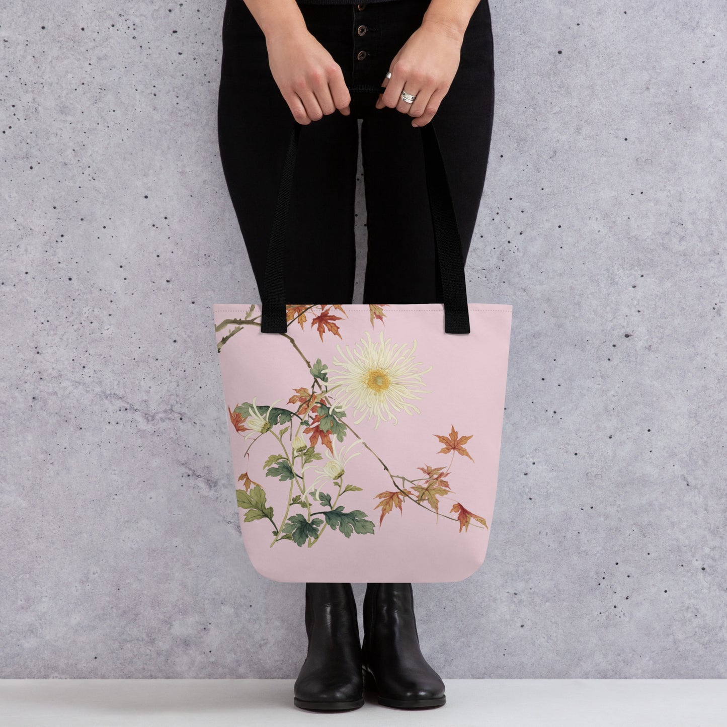 The Spirit of Flowers in Twelve Months｜Blooming Chrysanthemum and Maple Leaves｜Tote bag｜Pale pinkish gray