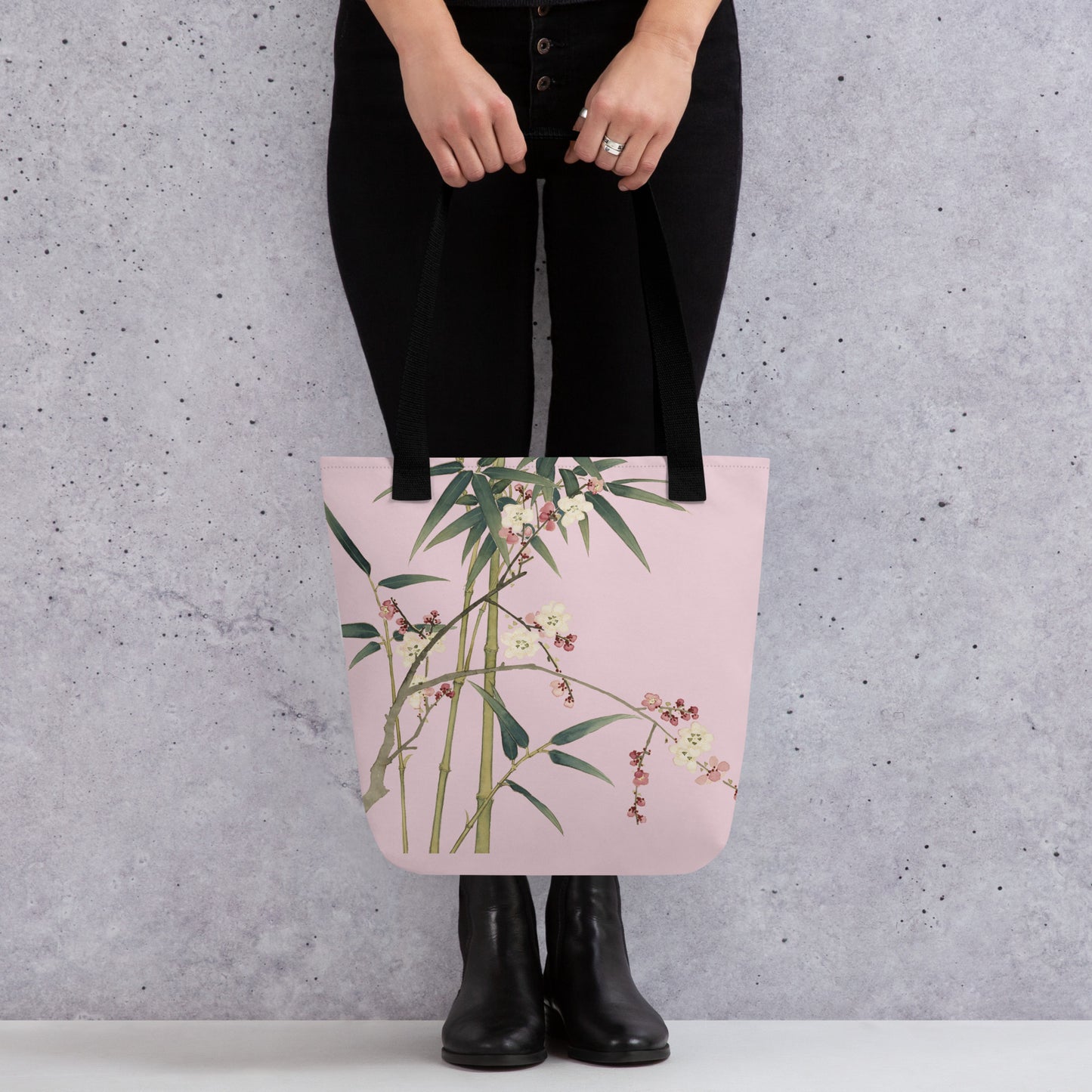 The Spirit of Flowers in Twelve Months｜Crimson Plum Blossom and Lush Green Bamboo｜Tote bag｜Pale pinkish gray