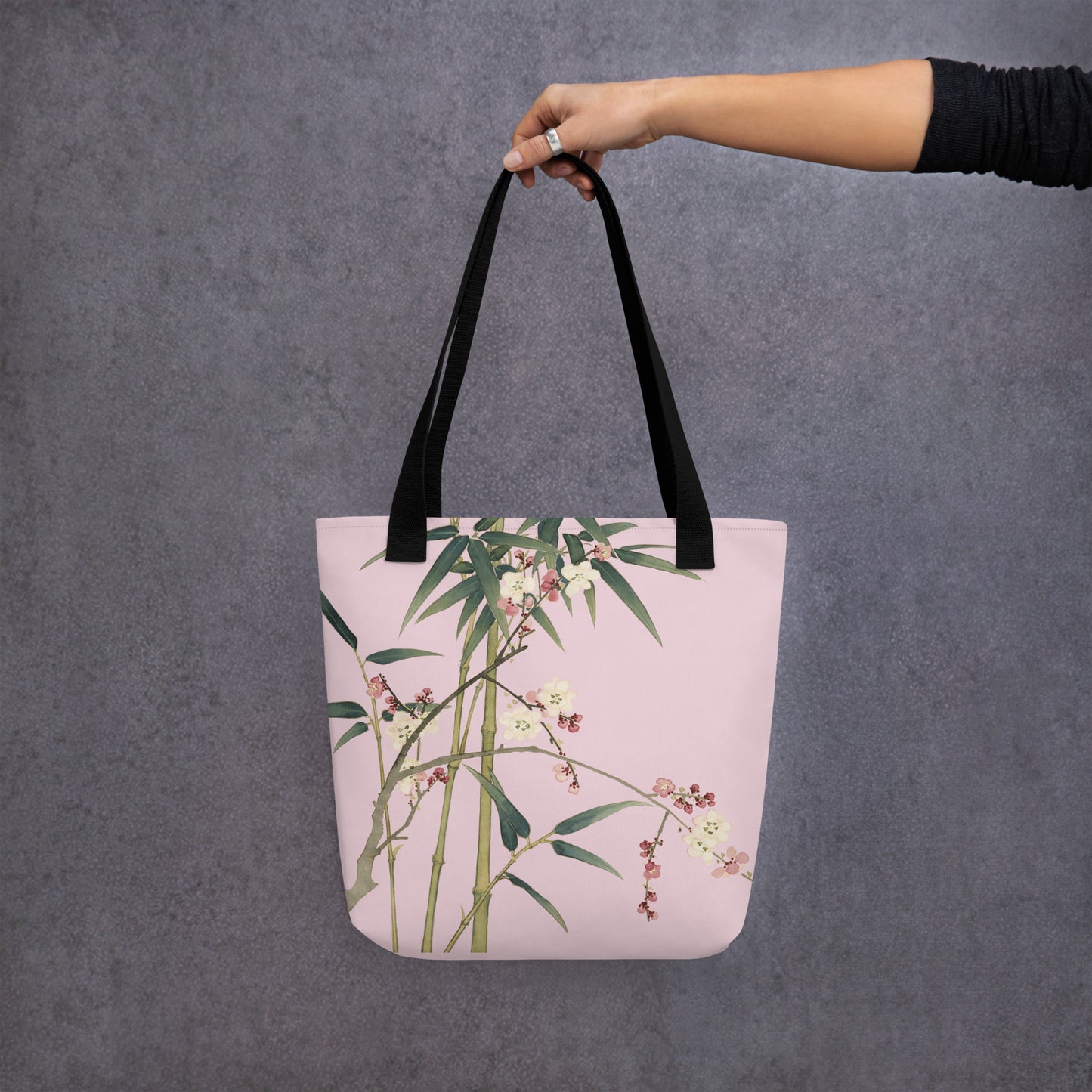 The Spirit of Flowers in Twelve Months｜Crimson Plum Blossom and Lush Green Bamboo｜Tote bag｜Pale pinkish gray