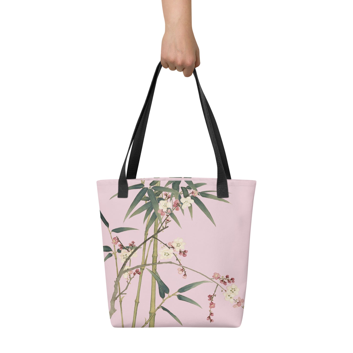 The Spirit of Flowers in Twelve Months｜Crimson Plum Blossom and Lush Green Bamboo｜Tote bag｜Pale pinkish gray