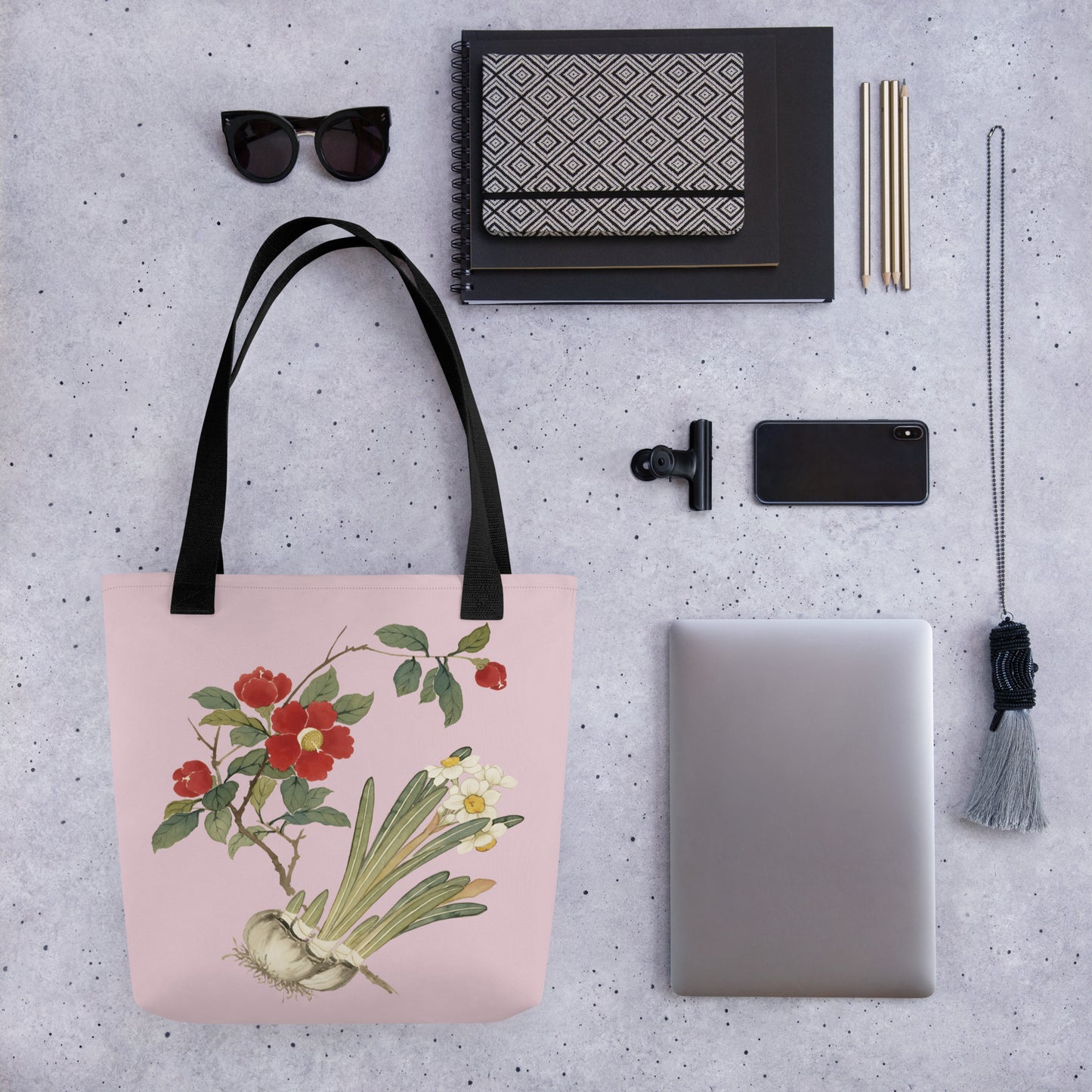 The Spirit of Flowers in Twelve Months｜Narcissus and Camelia in Bloom｜Tote bag｜Pale pinkish gray