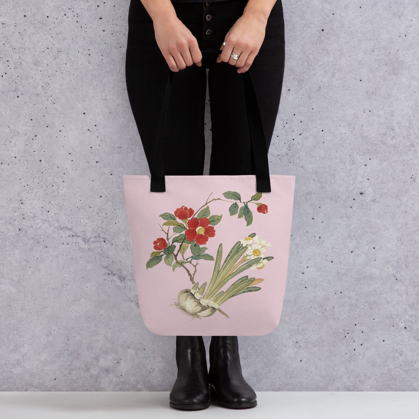 The Spirit of Flowers in Twelve Months｜Narcissus and Camelia in Bloom｜Tote bag｜Pale pinkish gray