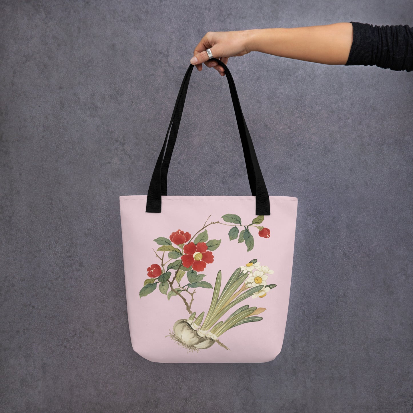 The Spirit of Flowers in Twelve Months｜Narcissus and Camelia in Bloom｜Tote bag｜Pale pinkish gray