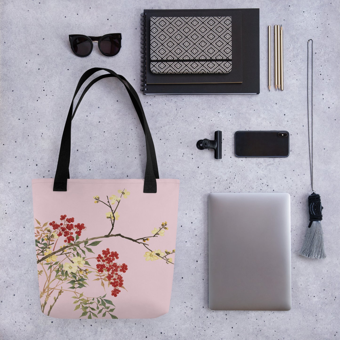 The Spirit of Flowers in Twelve Months｜Blooming Wintersweet and Heavenly Bamboo｜Tote bag｜Pale pinkish gray