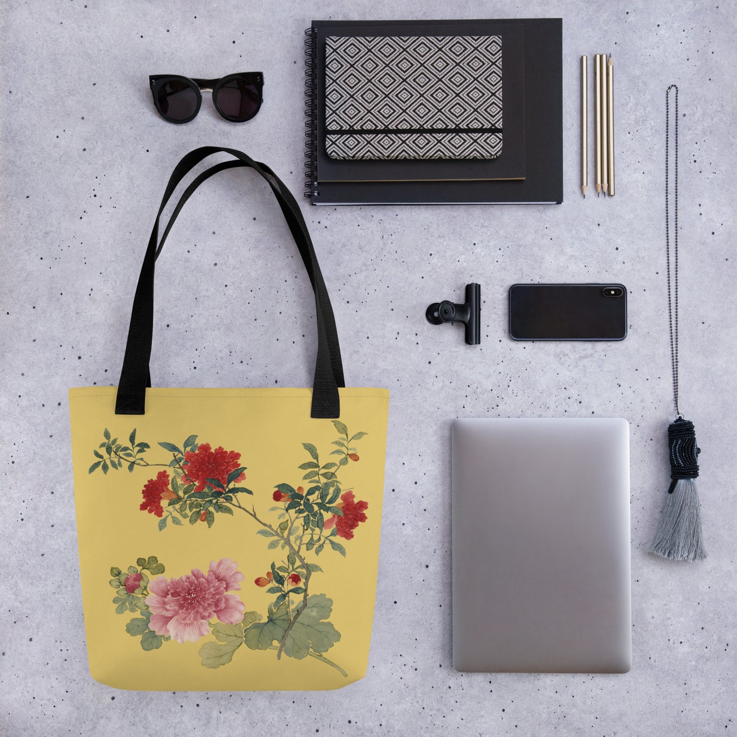 The Spirit of Flowers in Twelve Months｜Hollyhock and Pomegranate in Bloom｜Tote bag｜Gold