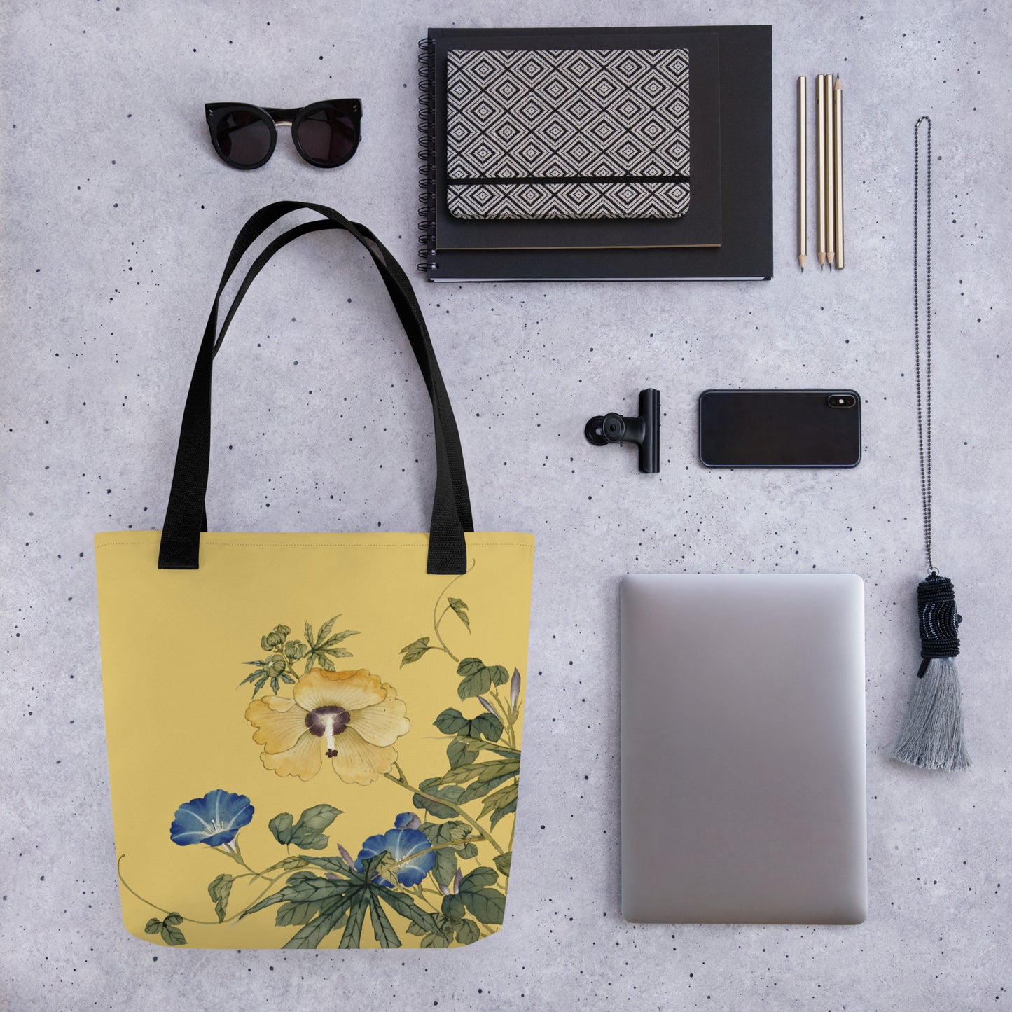 The Spirit of Flowers in Twelve Months｜Okra and White-edged Morning Glory in Bloom｜Tote bag｜Gold