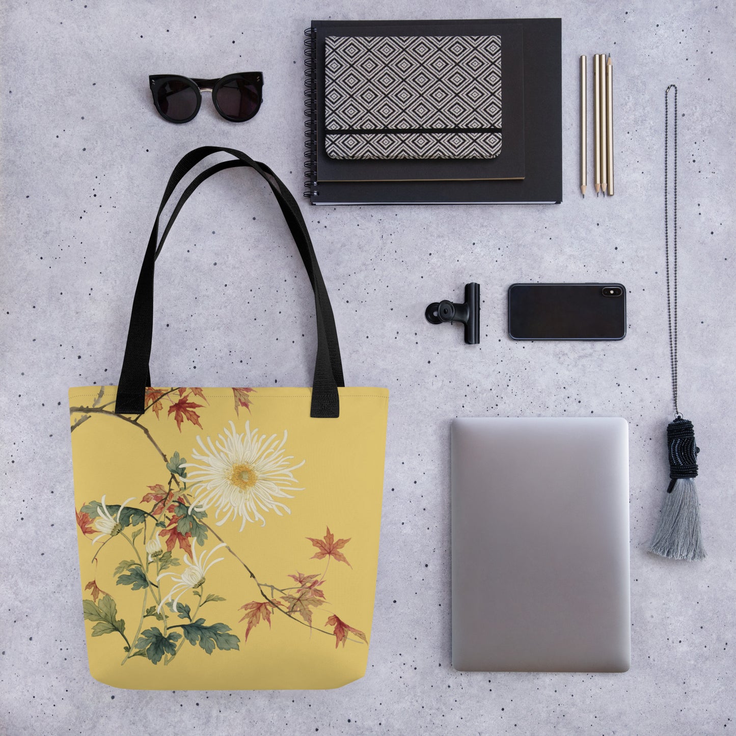 The Spirit of Flowers in Twelve Months｜Blooming Chrysanthemum and Maple Leaves｜Tote bag｜Gold