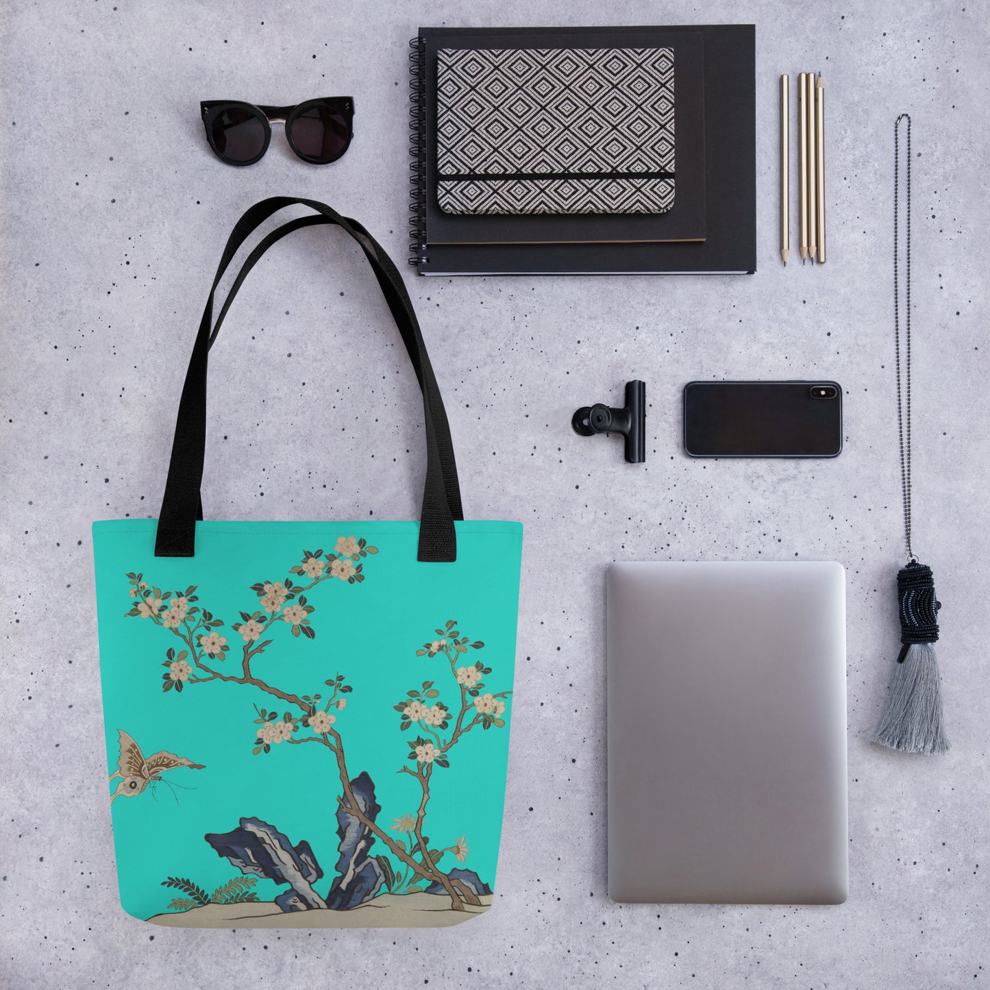 Kesi Flower Album｜White Plum Blossoms and Butterfly｜Tote bag｜Turquoise