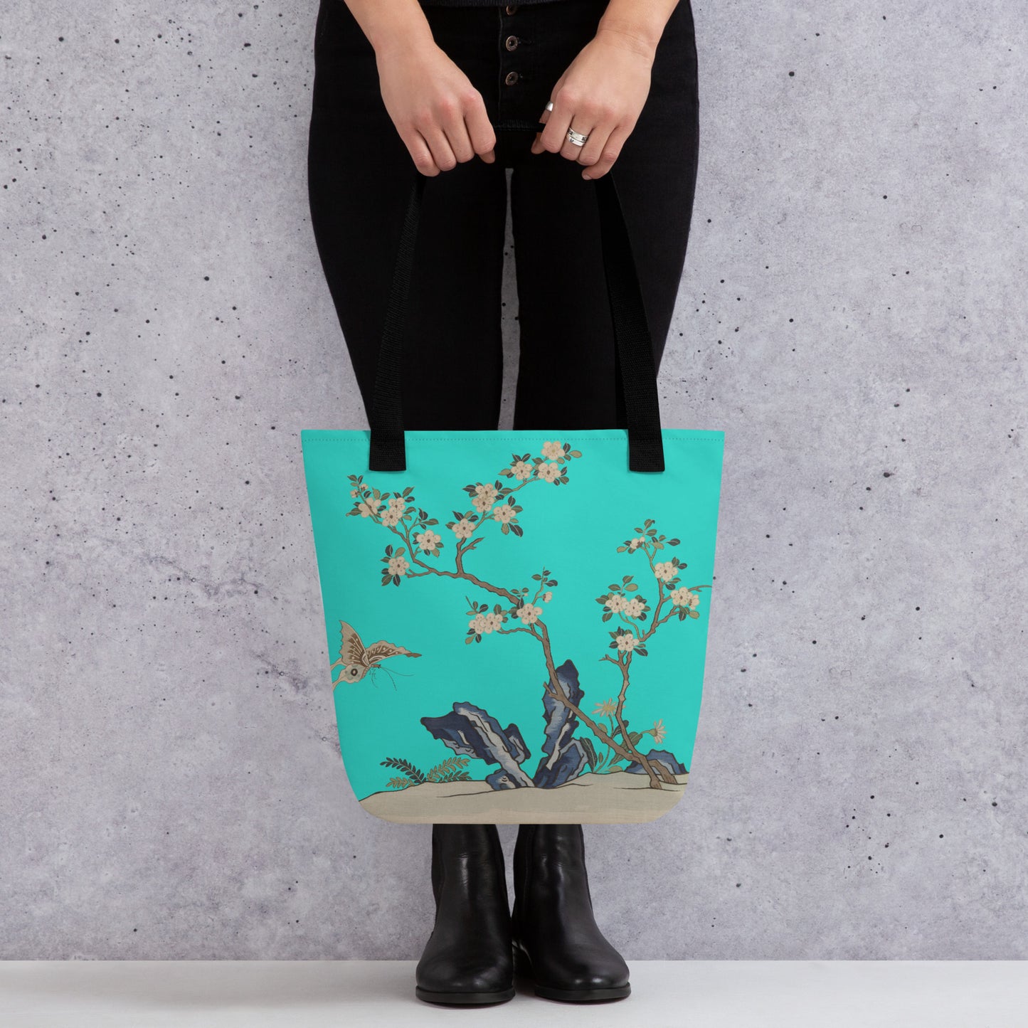 Kesi Flower Album｜White Plum Blossoms and Butterfly｜Tote bag｜Turquoise