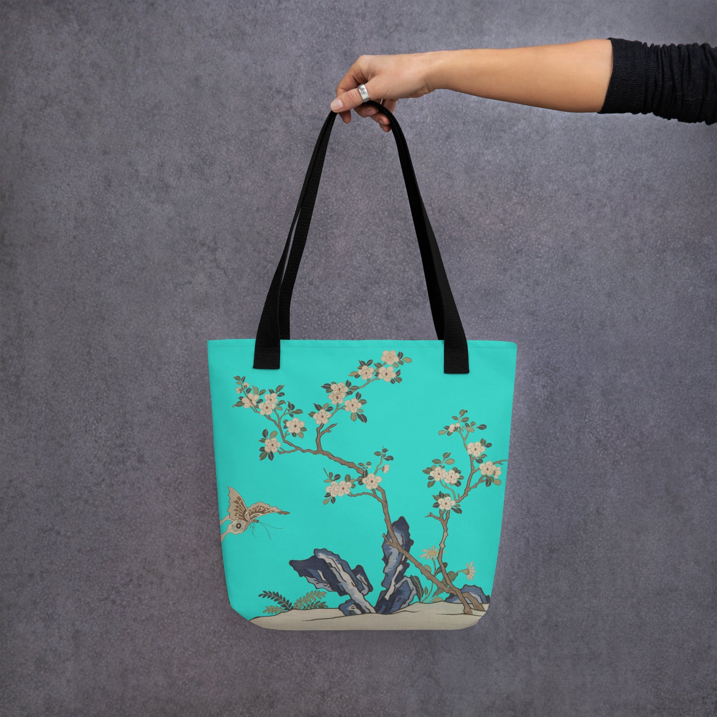 Kesi Flower Album｜White Plum Blossoms and Butterfly｜Tote bag｜Turquoise