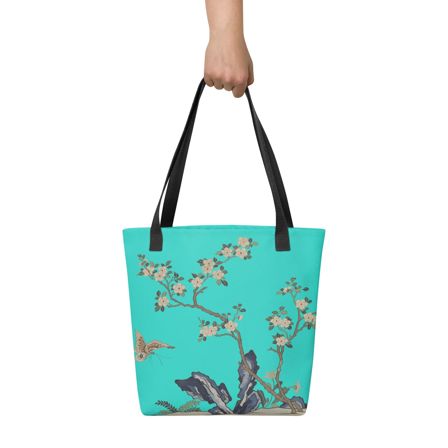 Kesi Flower Album｜White Plum Blossoms and Butterfly｜Tote bag｜Turquoise