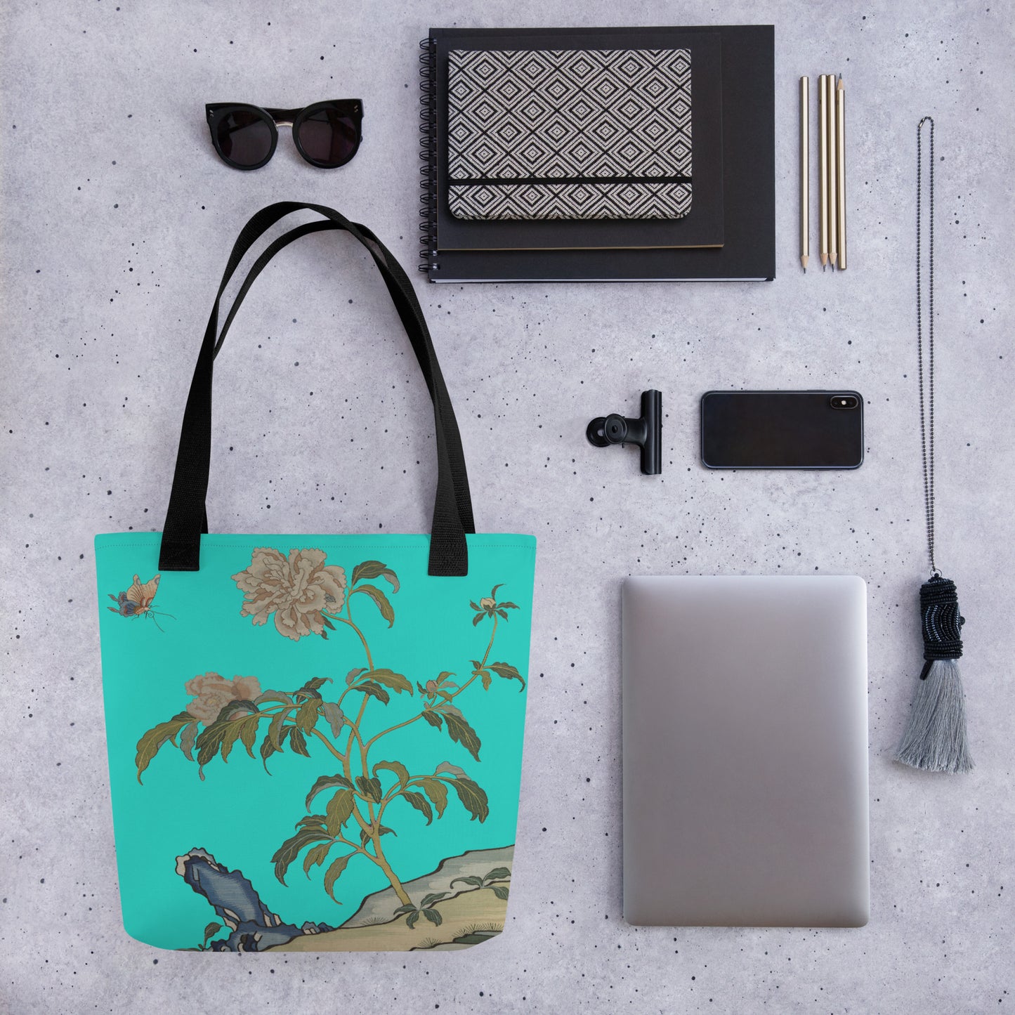 Kesi Flower Album｜Peonies and Butterfly｜Tote bag｜Turquoise