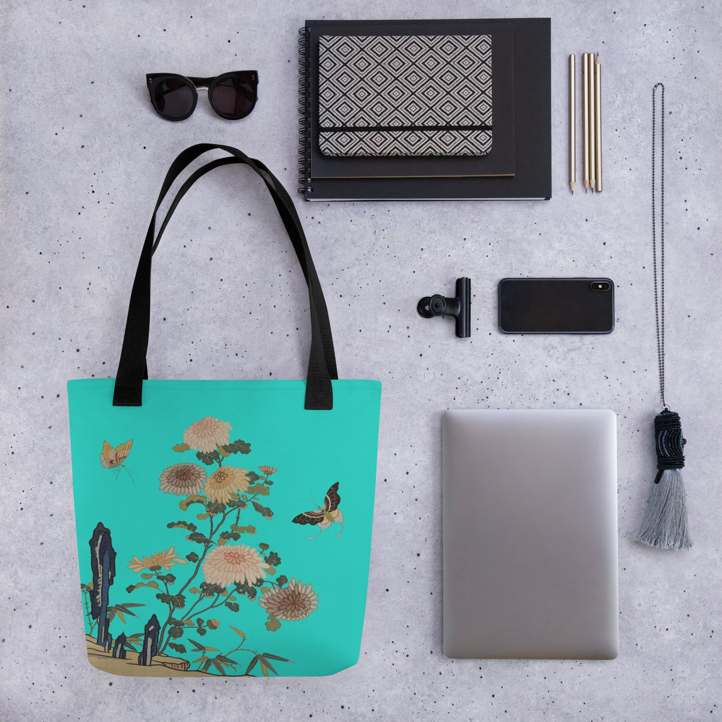 Kesi Flower Album｜Chrysanthemums and Butterflies｜Tote bag｜Turquoise