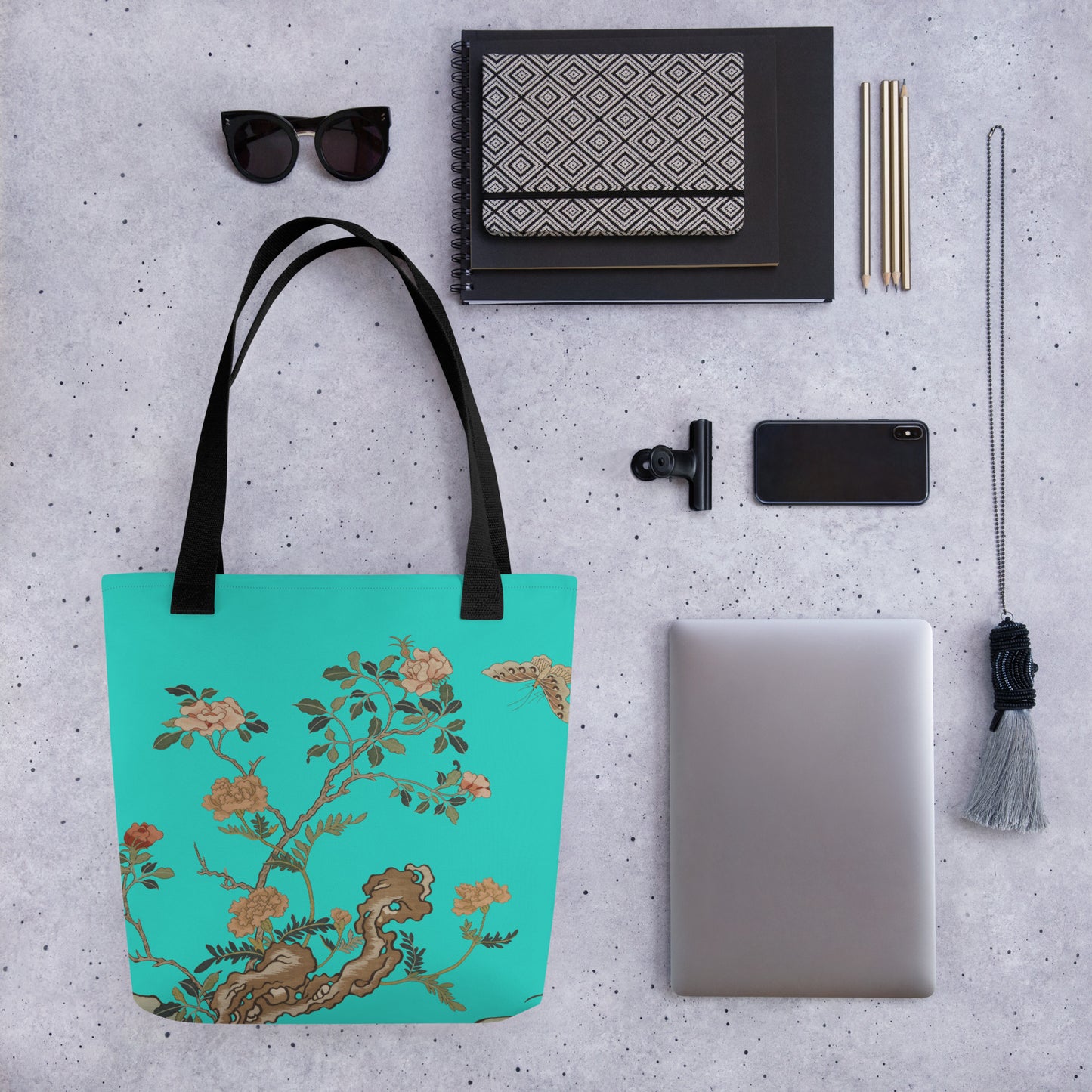 Kesi Flower Album｜Camellia and Butterfly｜Tote bag｜Turquoise