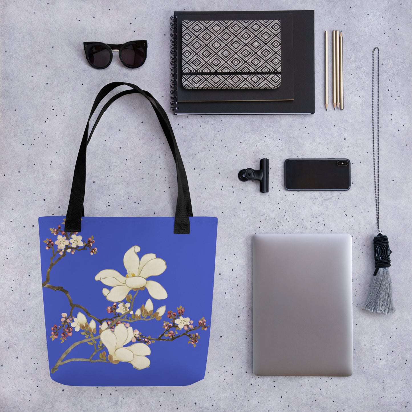 The Spirit of Flowers in Twelve Months｜Apricot and Lily Magnolia in Blossom｜Tote bag｜Royal blue