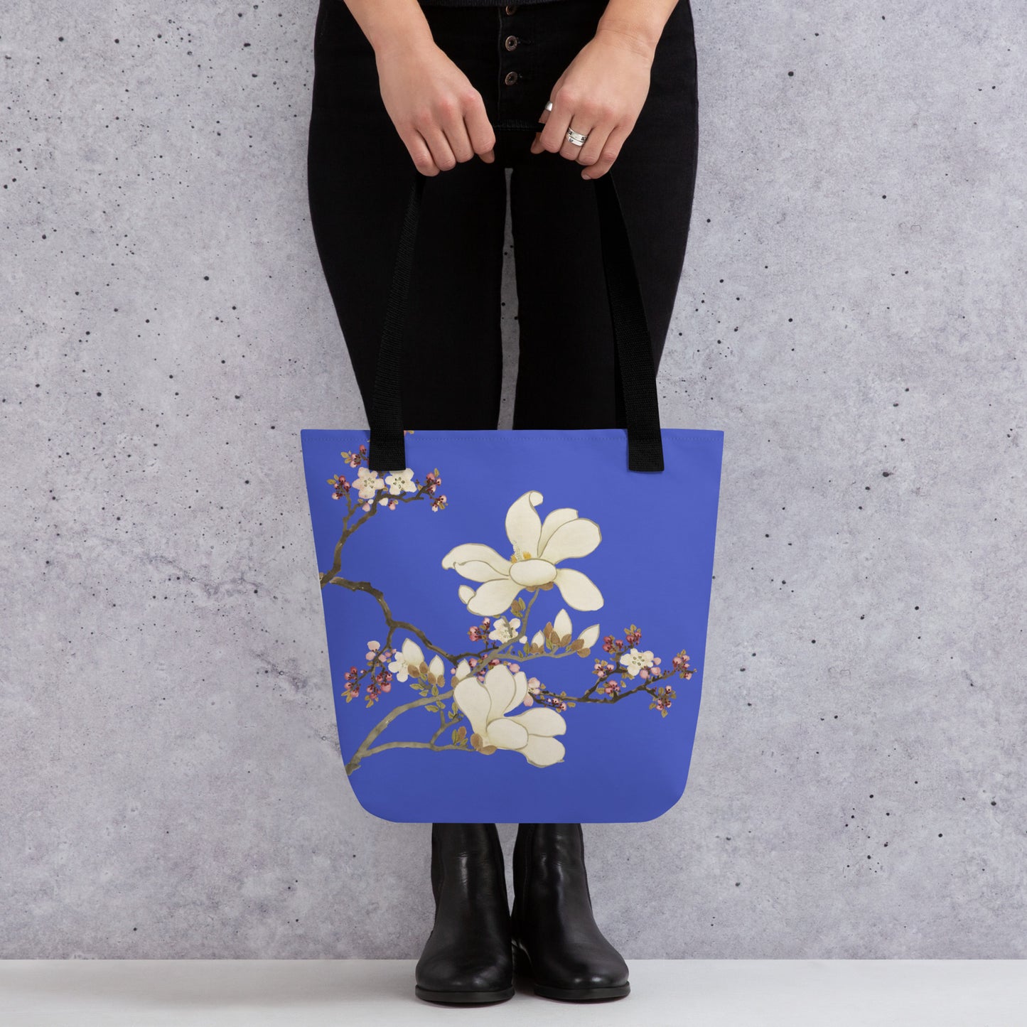 The Spirit of Flowers in Twelve Months｜Apricot and Lily Magnolia in Blossom｜Tote bag｜Royal blue