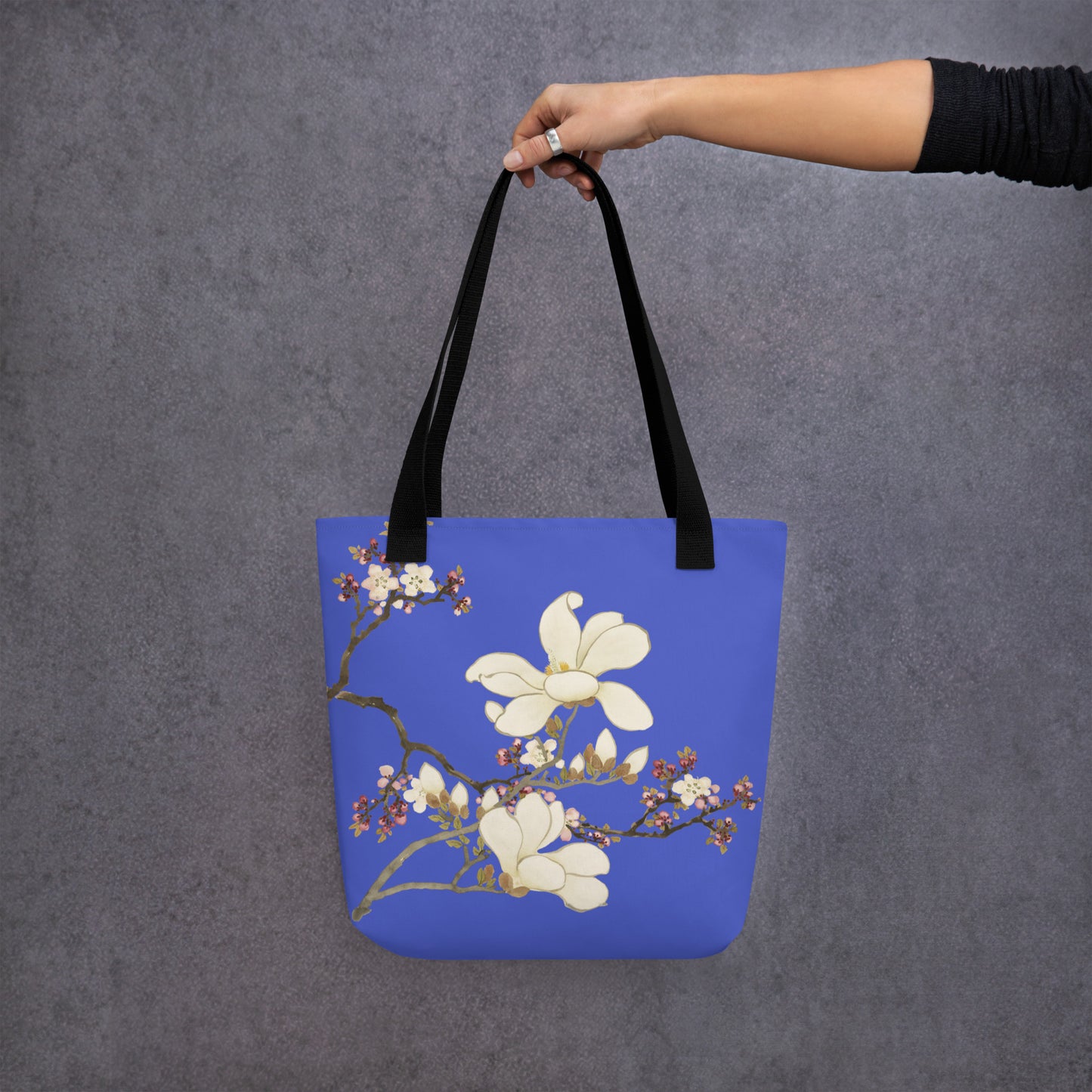 The Spirit of Flowers in Twelve Months｜Apricot and Lily Magnolia in Blossom｜Tote bag｜Royal blue