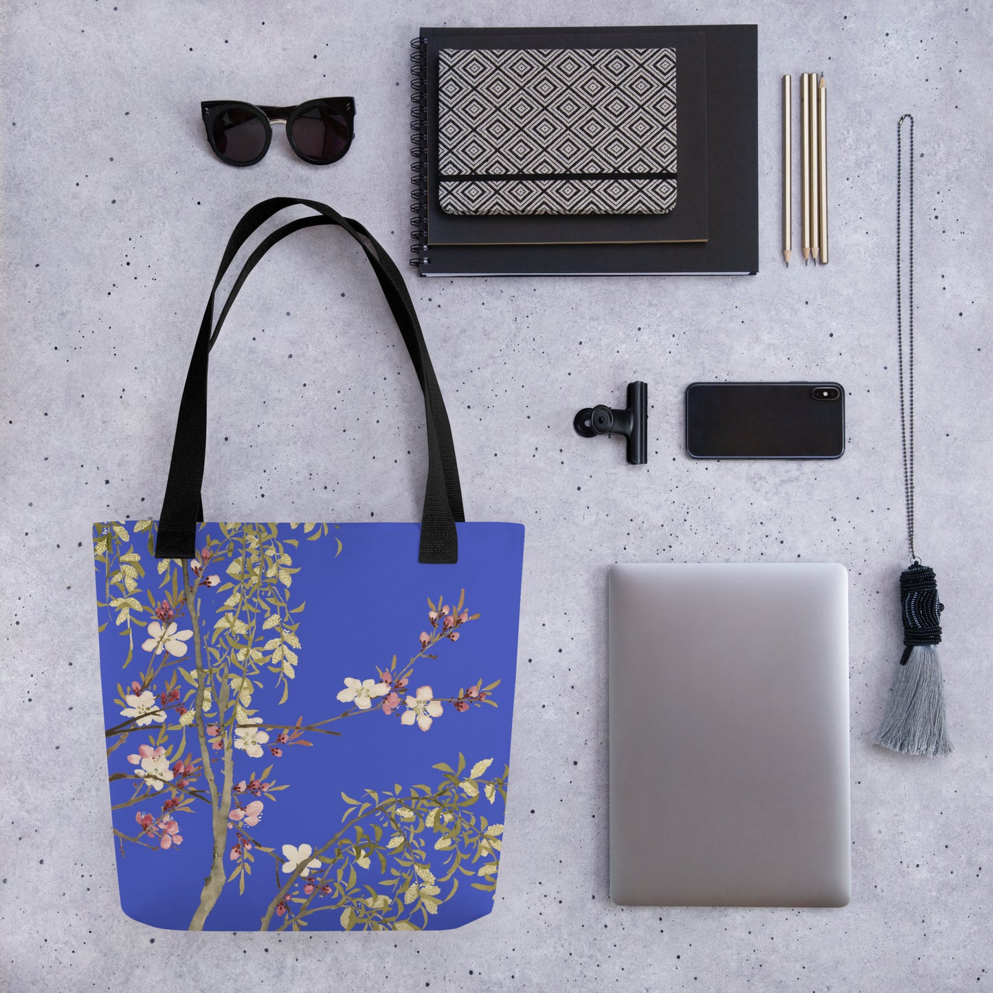 The Spirit of Flowers in Twelve Months｜Willow and Peach Blossom｜Tote bag｜Royal blue