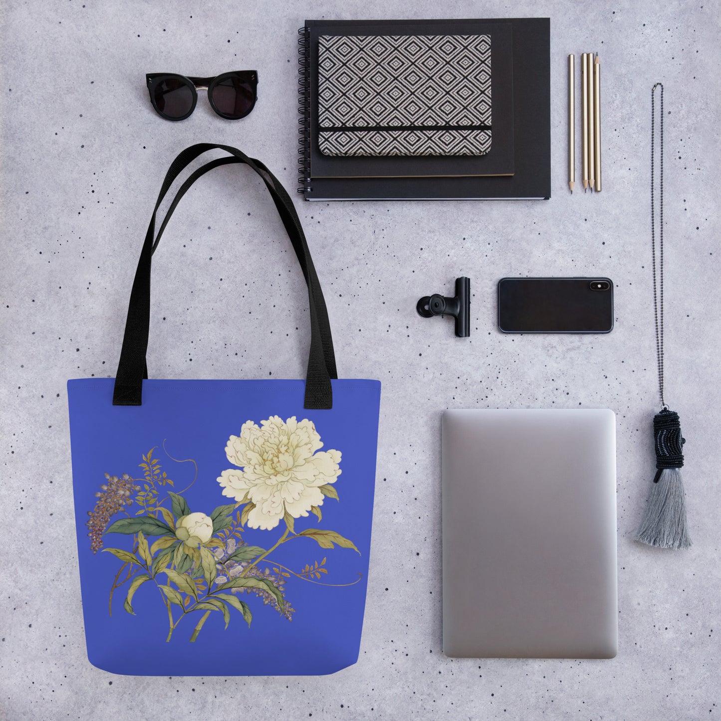 The Spirit of Flowers in Twelve Months｜Chinese Peony and Wisteria in Bloom｜Tote bag｜Royal blue