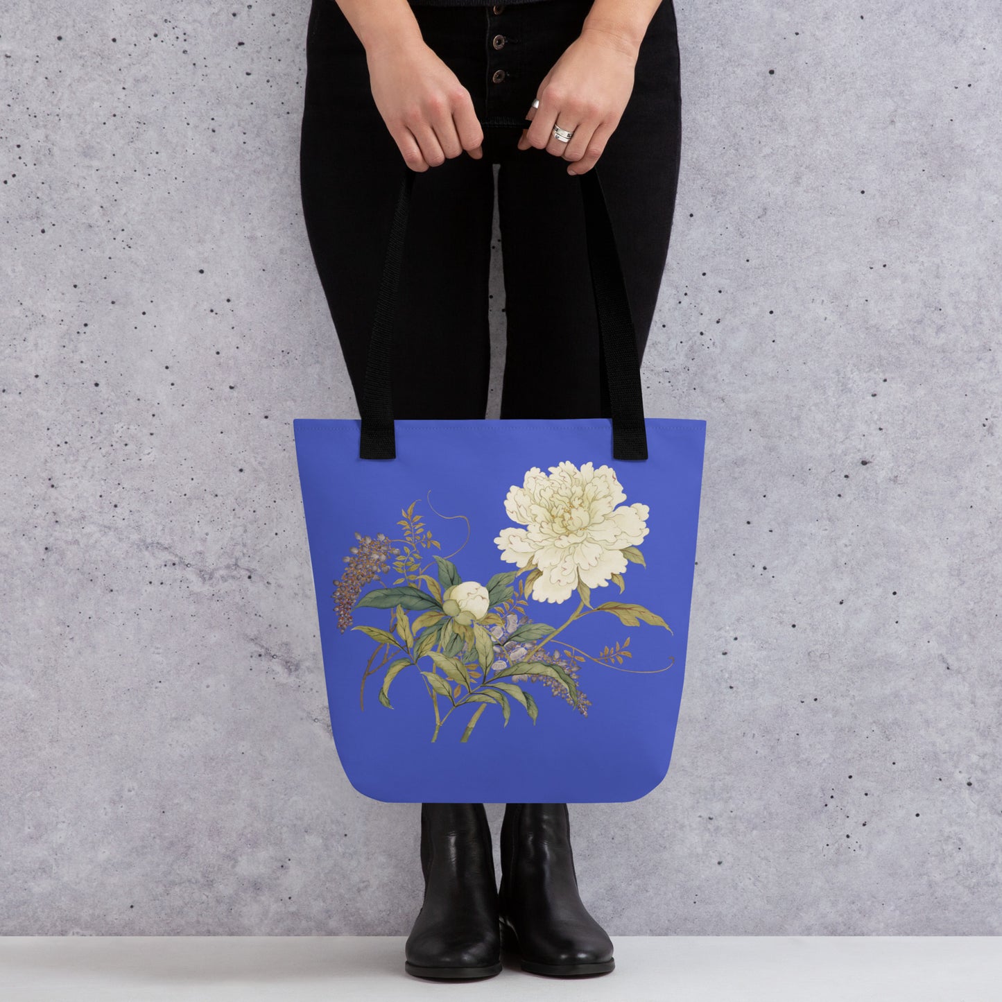 The Spirit of Flowers in Twelve Months｜Chinese Peony and Wisteria in Bloom｜Tote bag｜Royal blue