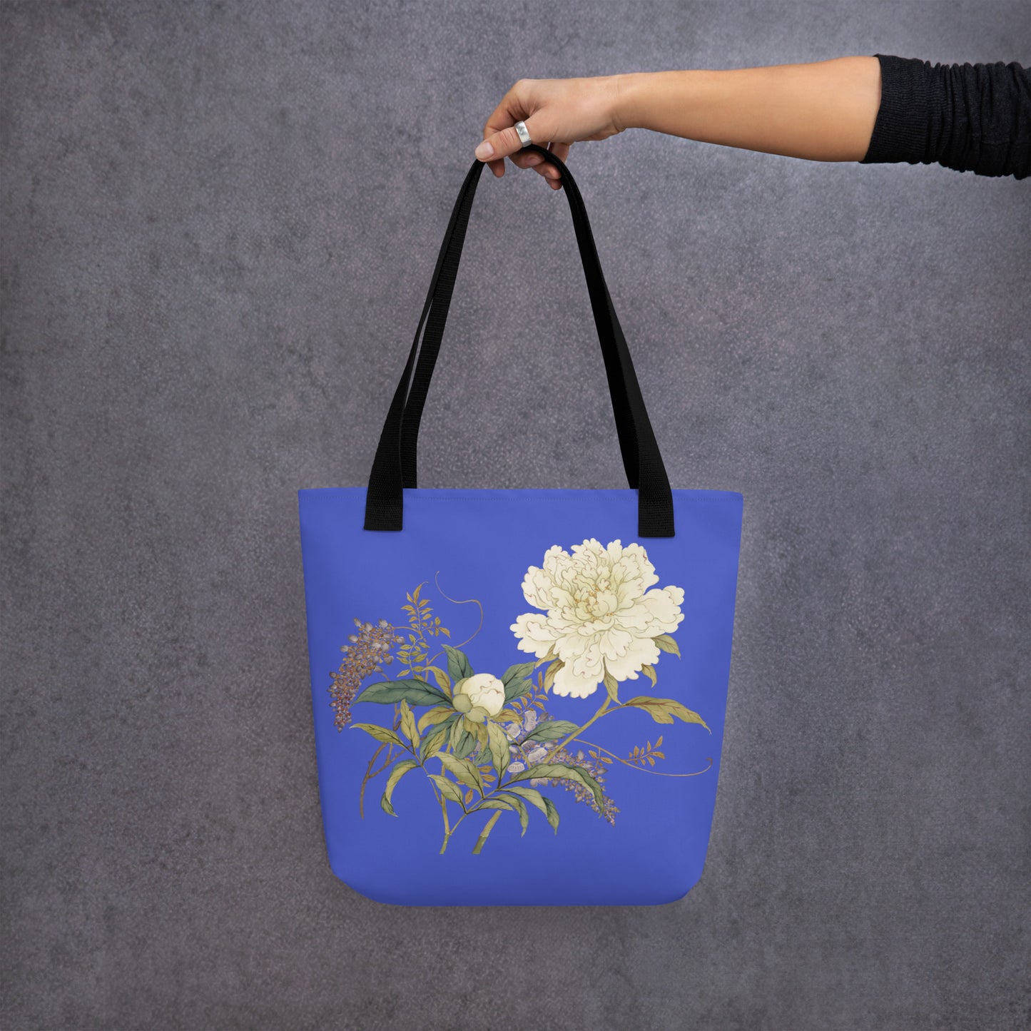 The Spirit of Flowers in Twelve Months｜Chinese Peony and Wisteria in Bloom｜Tote bag｜Royal blue