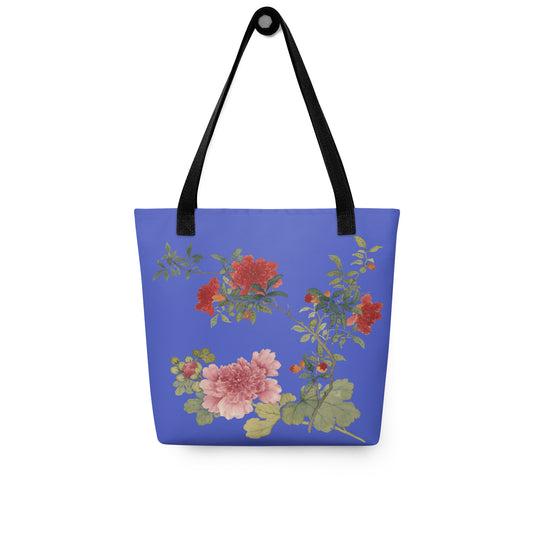 The Spirit of Flowers in Twelve Months｜Hollyhock and Pomegranate in Bloom｜Tote bag｜Royal blue