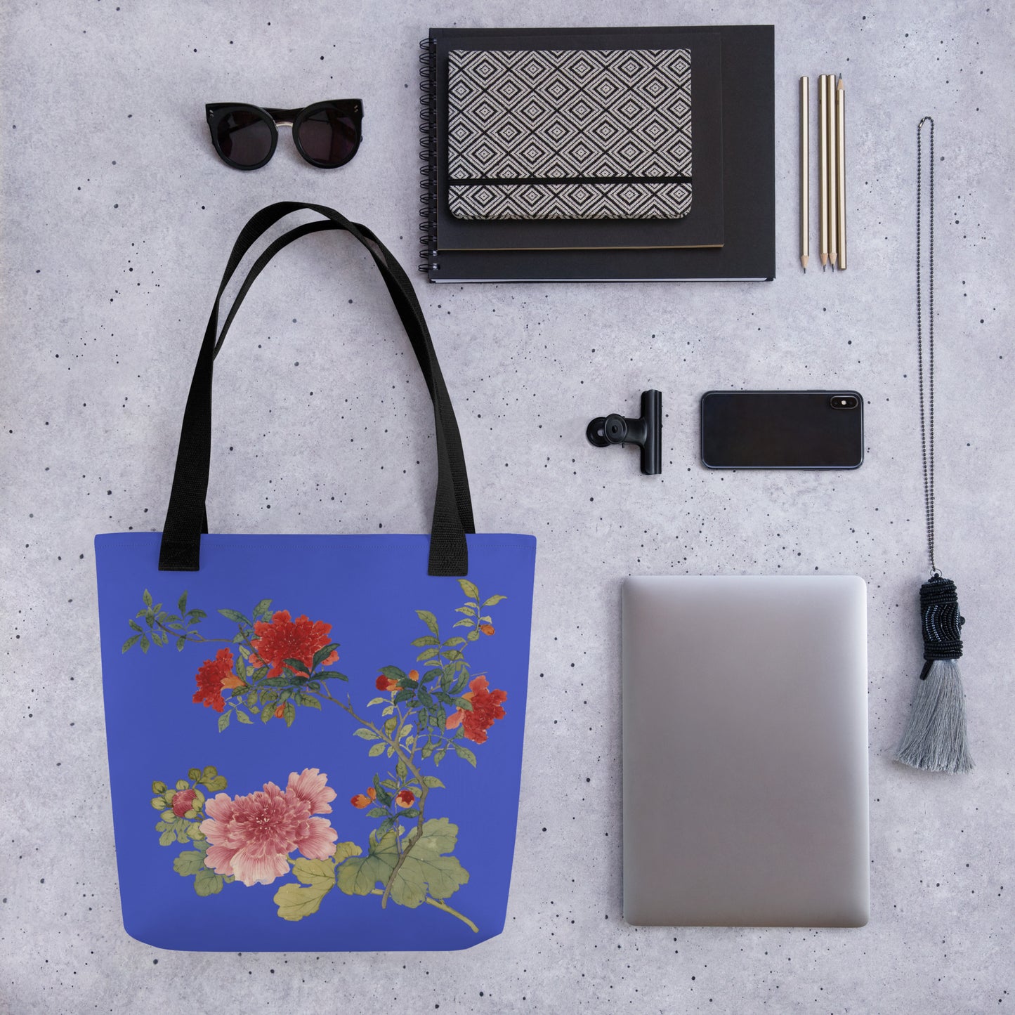 The Spirit of Flowers in Twelve Months｜Hollyhock and Pomegranate in Bloom｜Tote bag｜Royal blue