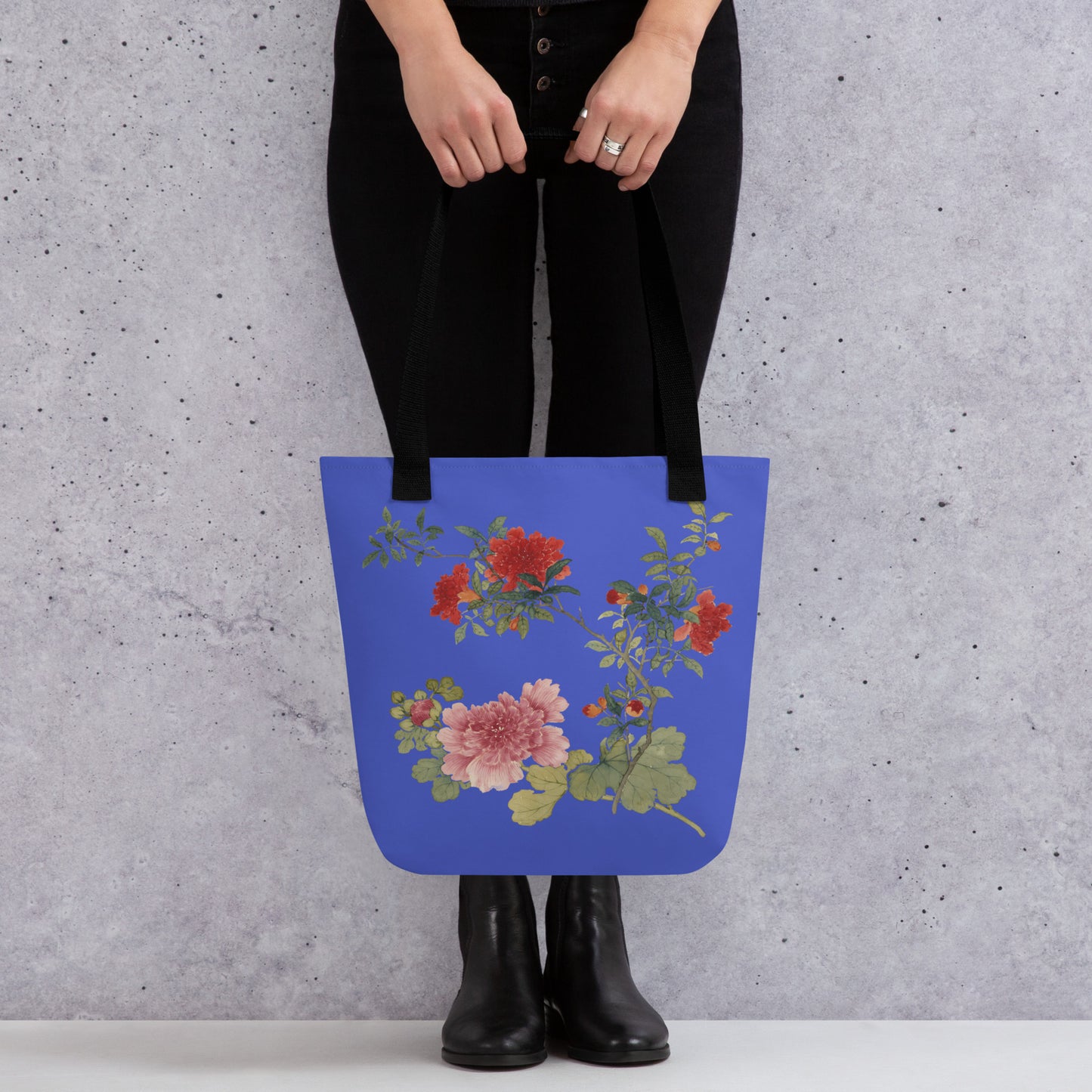 The Spirit of Flowers in Twelve Months｜Hollyhock and Pomegranate in Bloom｜Tote bag｜Royal blue