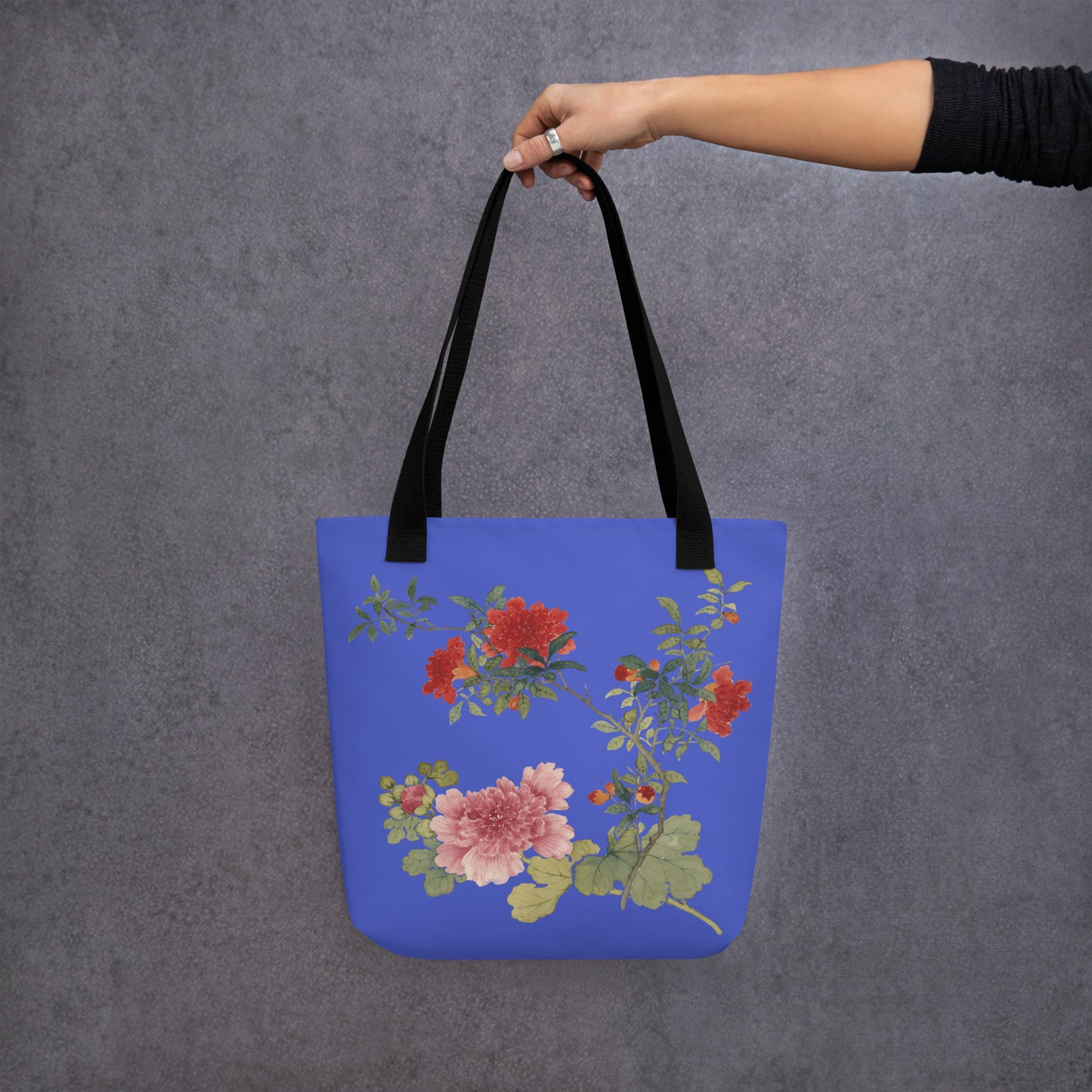 The Spirit of Flowers in Twelve Months｜Hollyhock and Pomegranate in Bloom｜Tote bag｜Royal blue