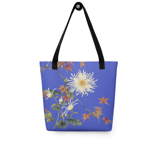 The Spirit of Flowers in Twelve Months｜Blooming Chrysanthemum and Maple Leaves｜Tote bag｜Royal blue