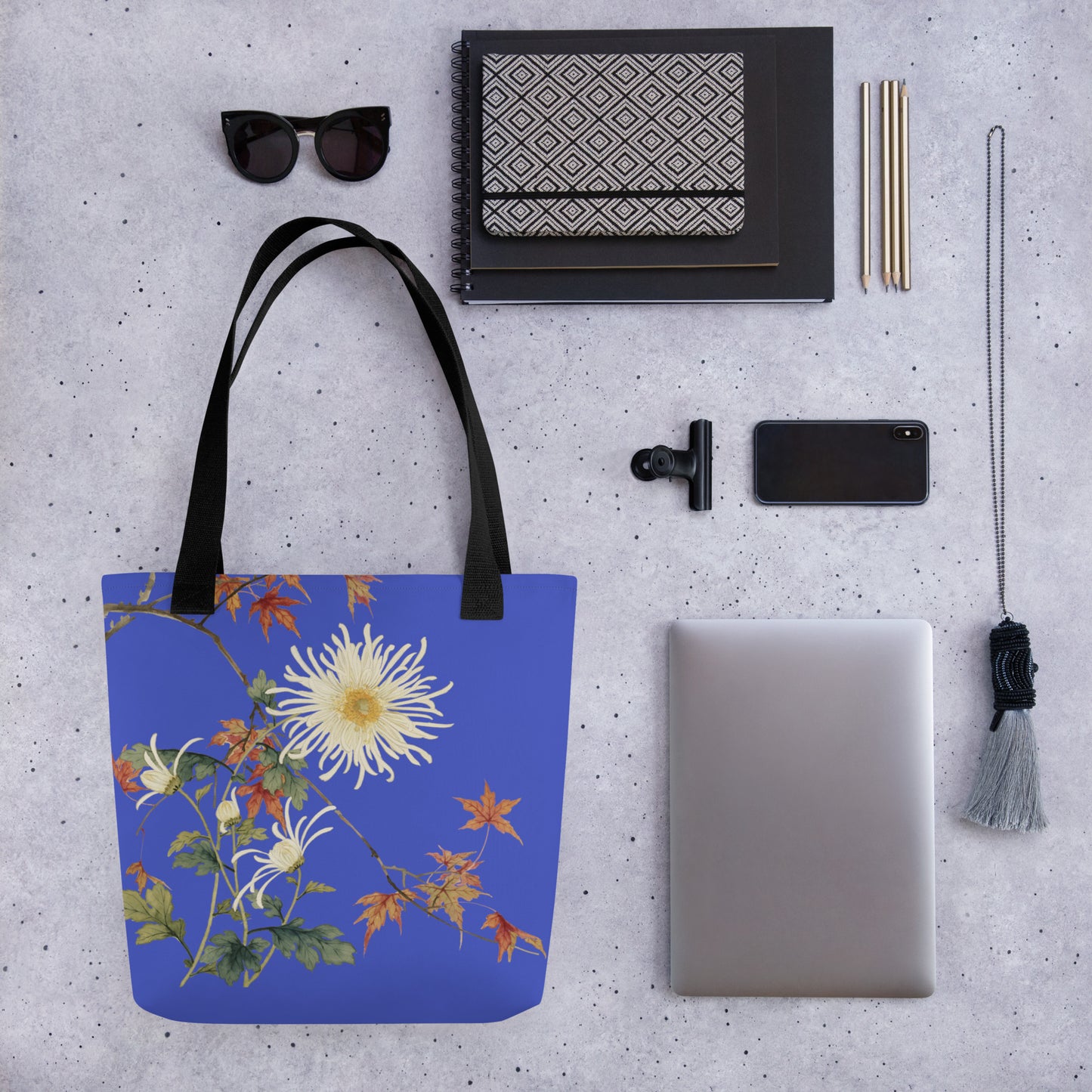 The Spirit of Flowers in Twelve Months｜Blooming Chrysanthemum and Maple Leaves｜Tote bag｜Royal blue