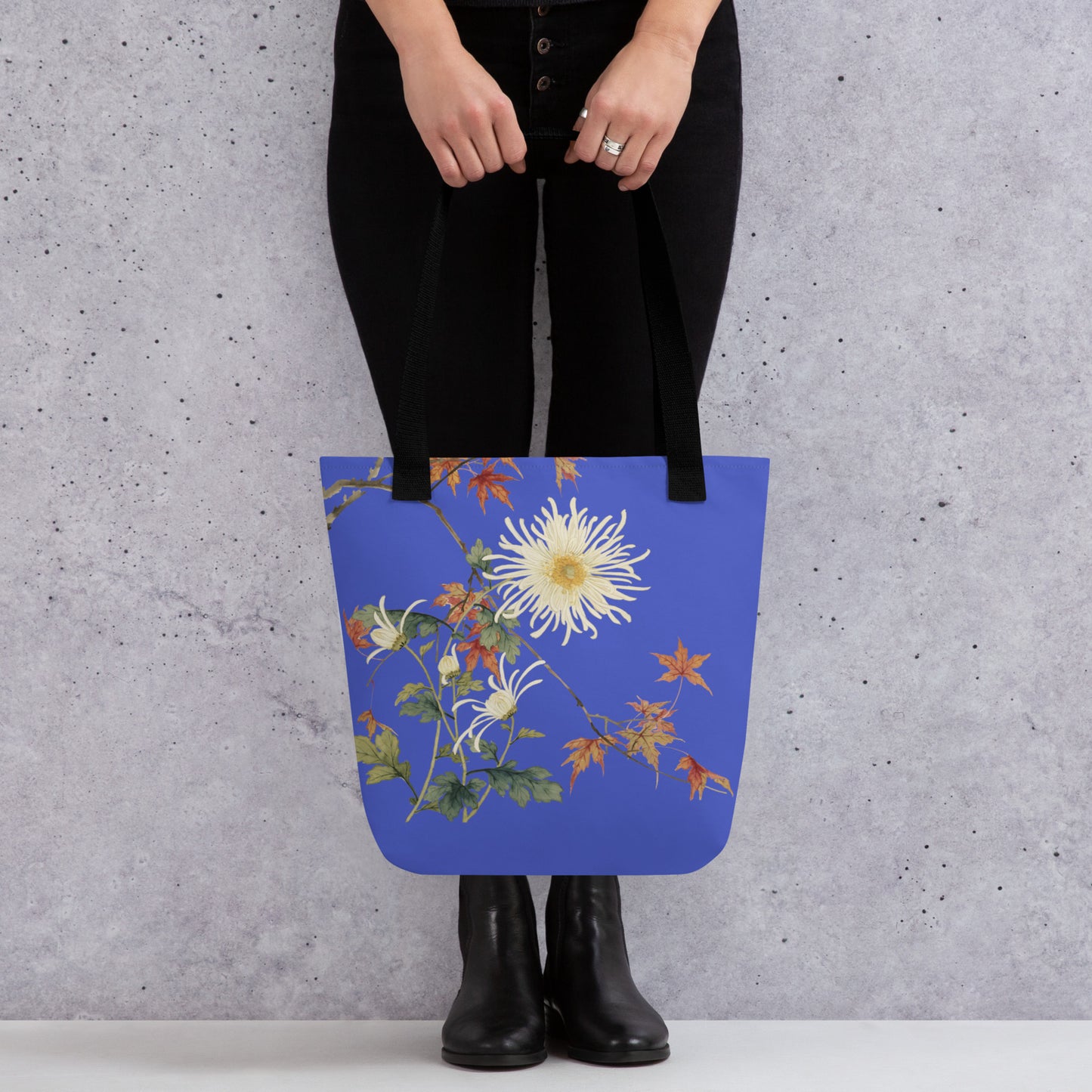 The Spirit of Flowers in Twelve Months｜Blooming Chrysanthemum and Maple Leaves｜Tote bag｜Royal blue