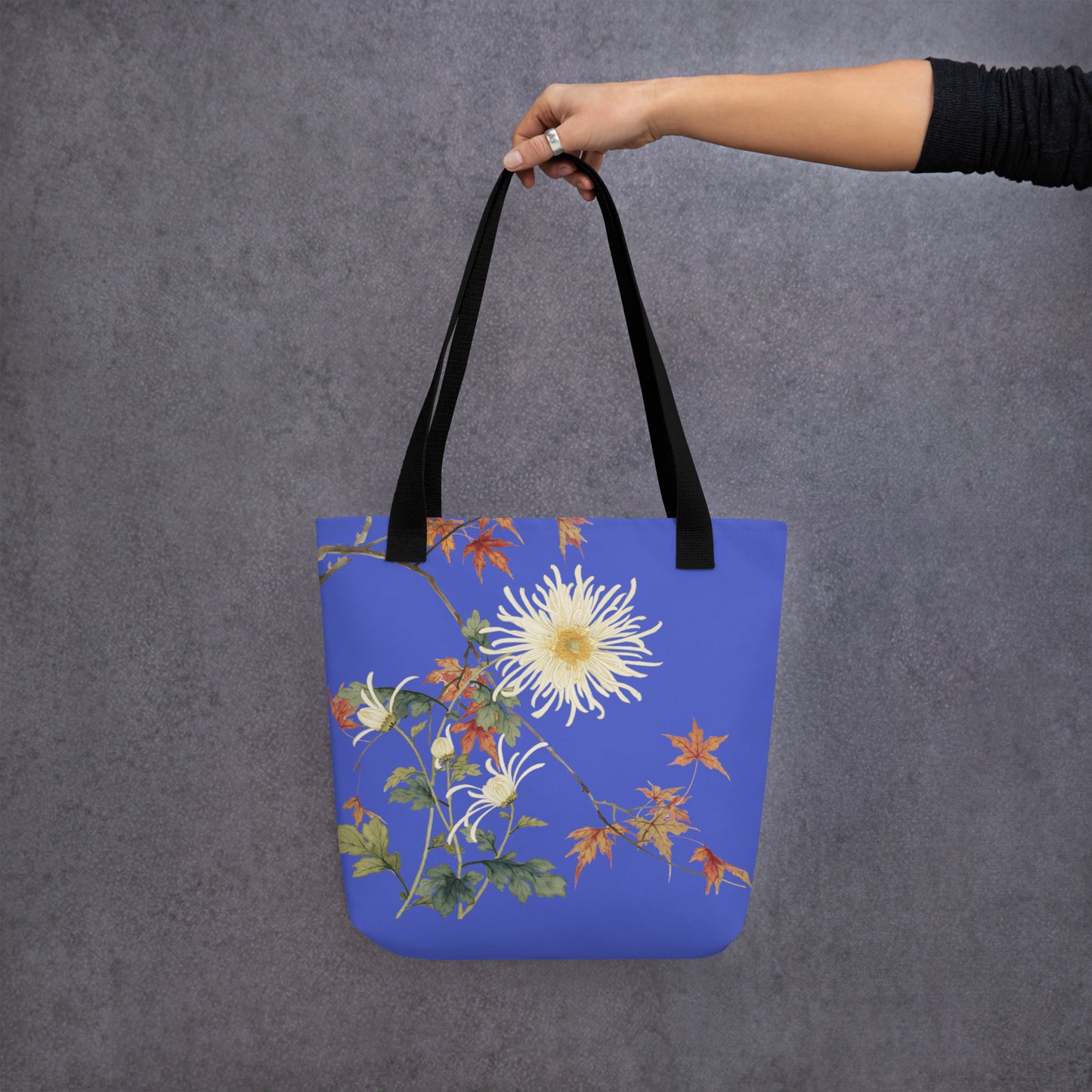 The Spirit of Flowers in Twelve Months｜Blooming Chrysanthemum and Maple Leaves｜Tote bag｜Royal blue