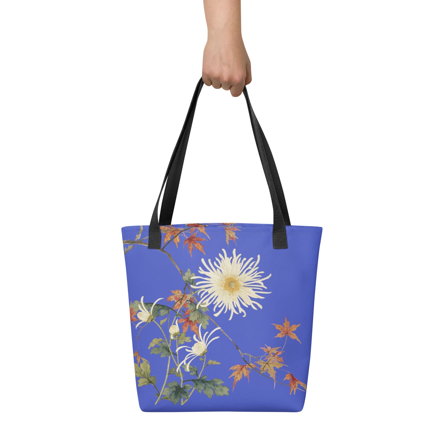 The Spirit of Flowers in Twelve Months｜Blooming Chrysanthemum and Maple Leaves｜Tote bag｜Royal blue