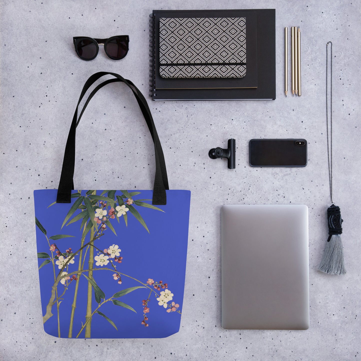 The Spirit of Flowers in Twelve Months｜Crimson Plum Blossom and Lush Green Bamboo｜Tote bag｜Royal blue