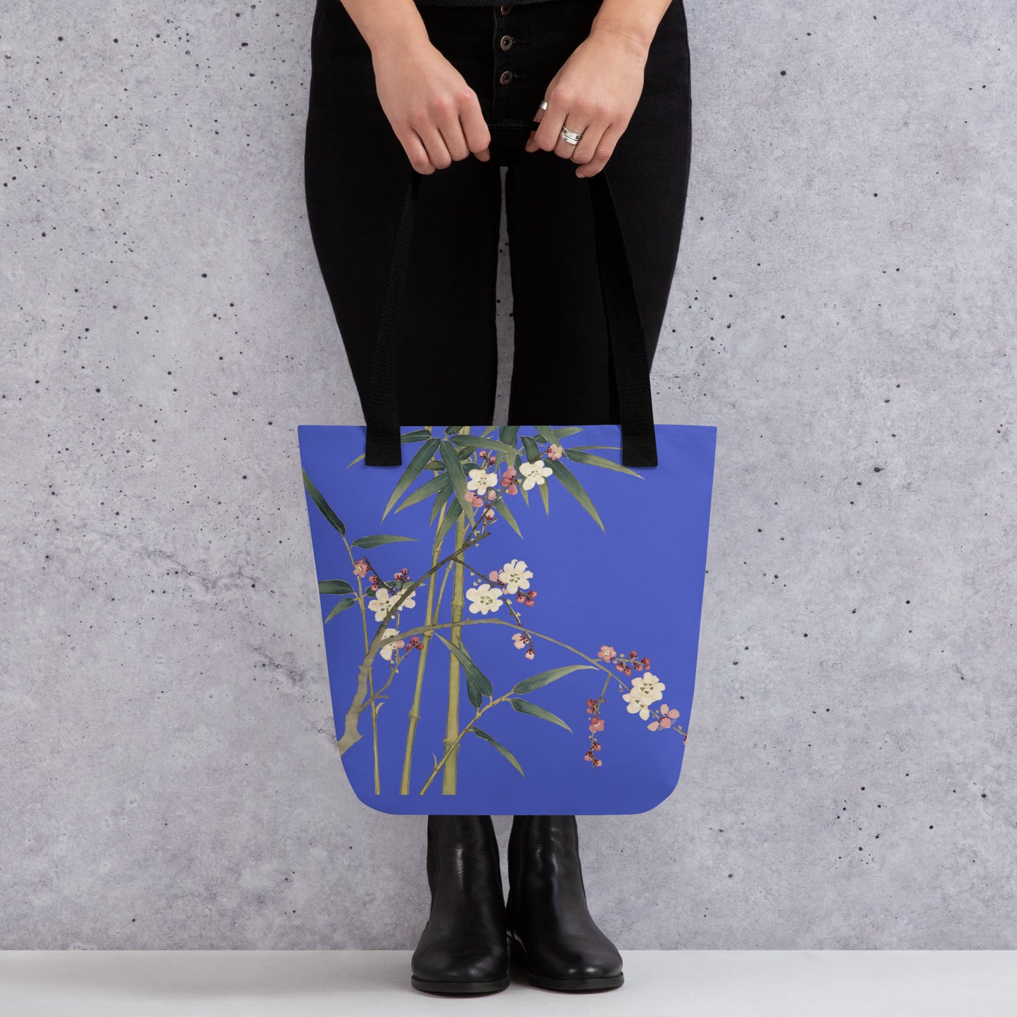 The Spirit of Flowers in Twelve Months｜Crimson Plum Blossom and Lush Green Bamboo｜Tote bag｜Royal blue