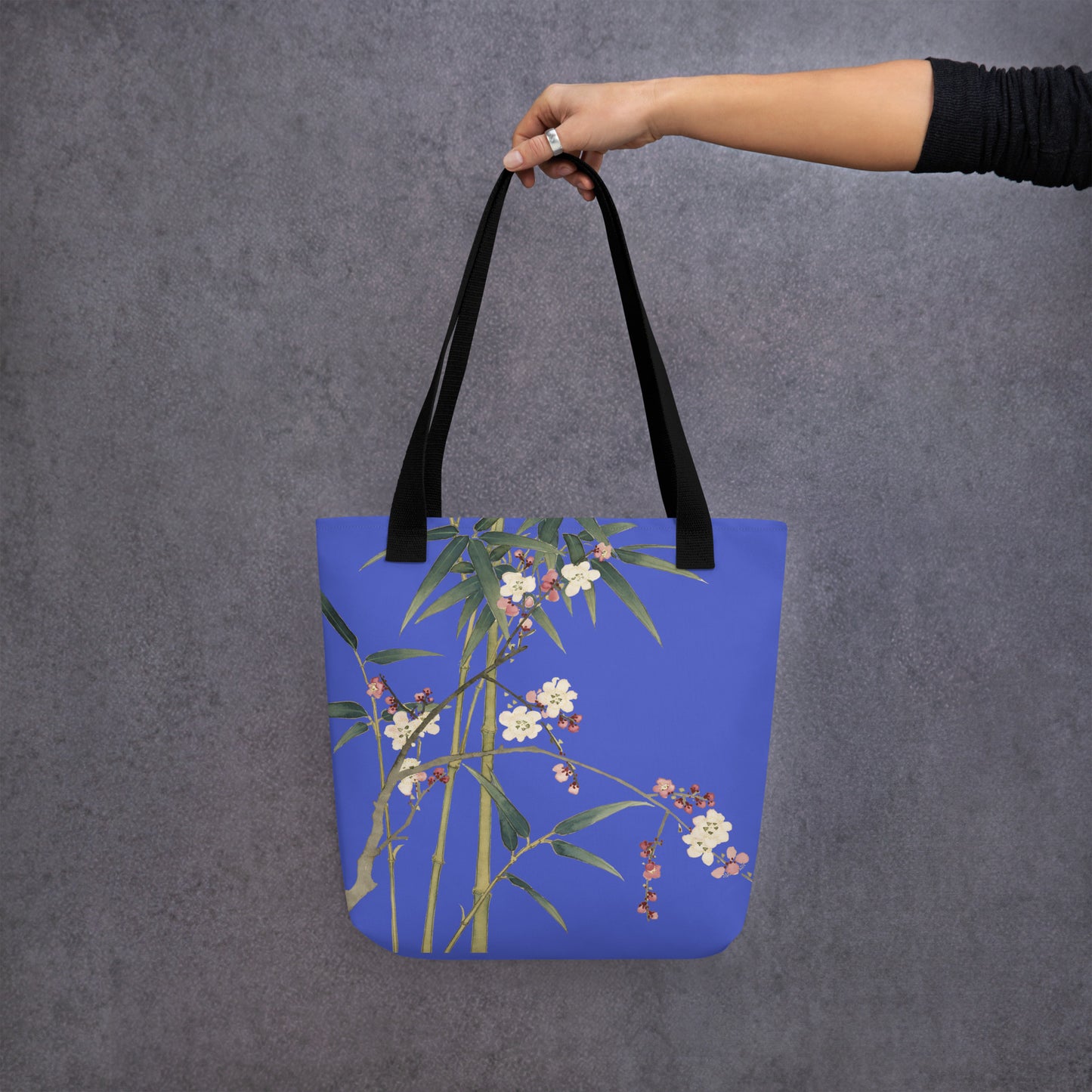 The Spirit of Flowers in Twelve Months｜Crimson Plum Blossom and Lush Green Bamboo｜Tote bag｜Royal blue