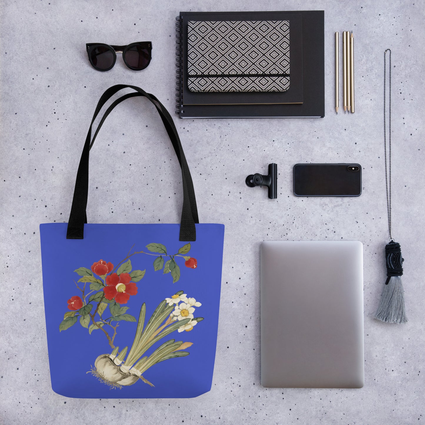 The Spirit of Flowers in Twelve Months｜Narcissus and Camelia in Bloom｜Tote bag｜Royal blue