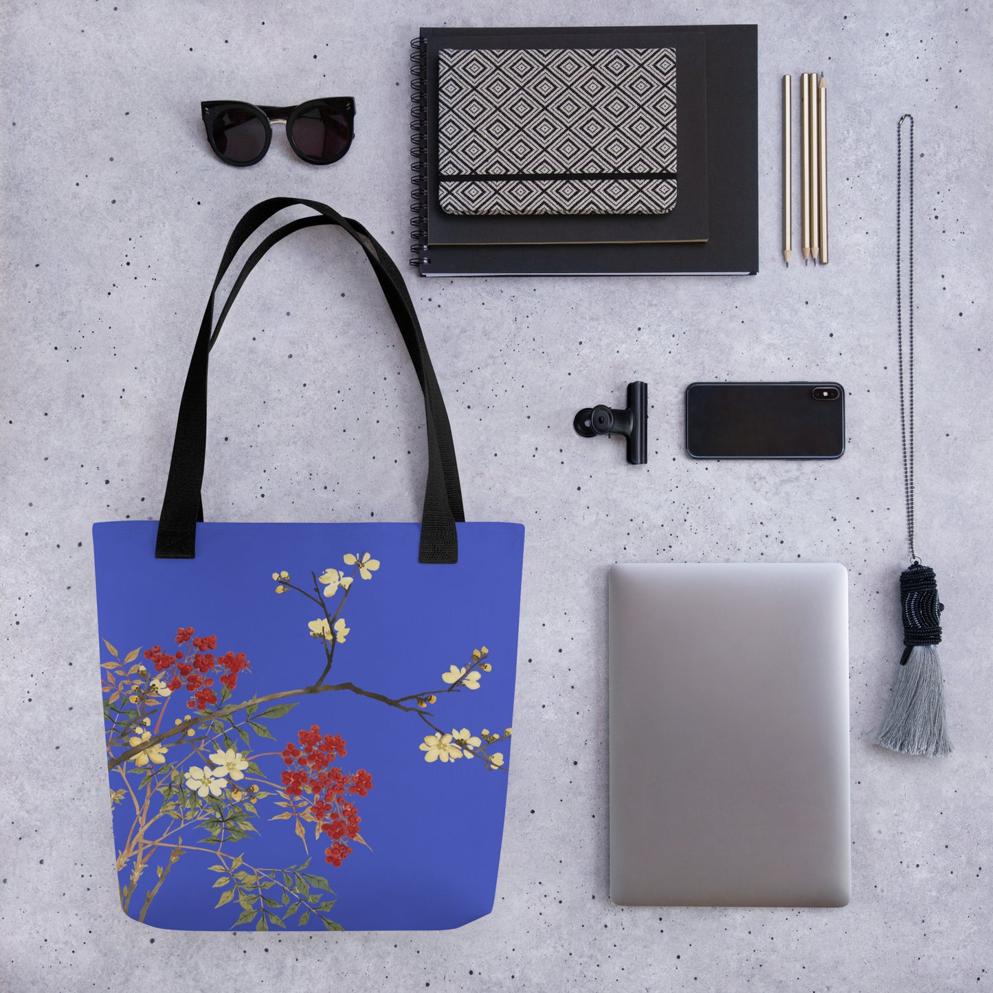 The Spirit of Flowers in Twelve Months｜Blooming Wintersweet and Heavenly Bamboo｜Tote bag｜Royal blue