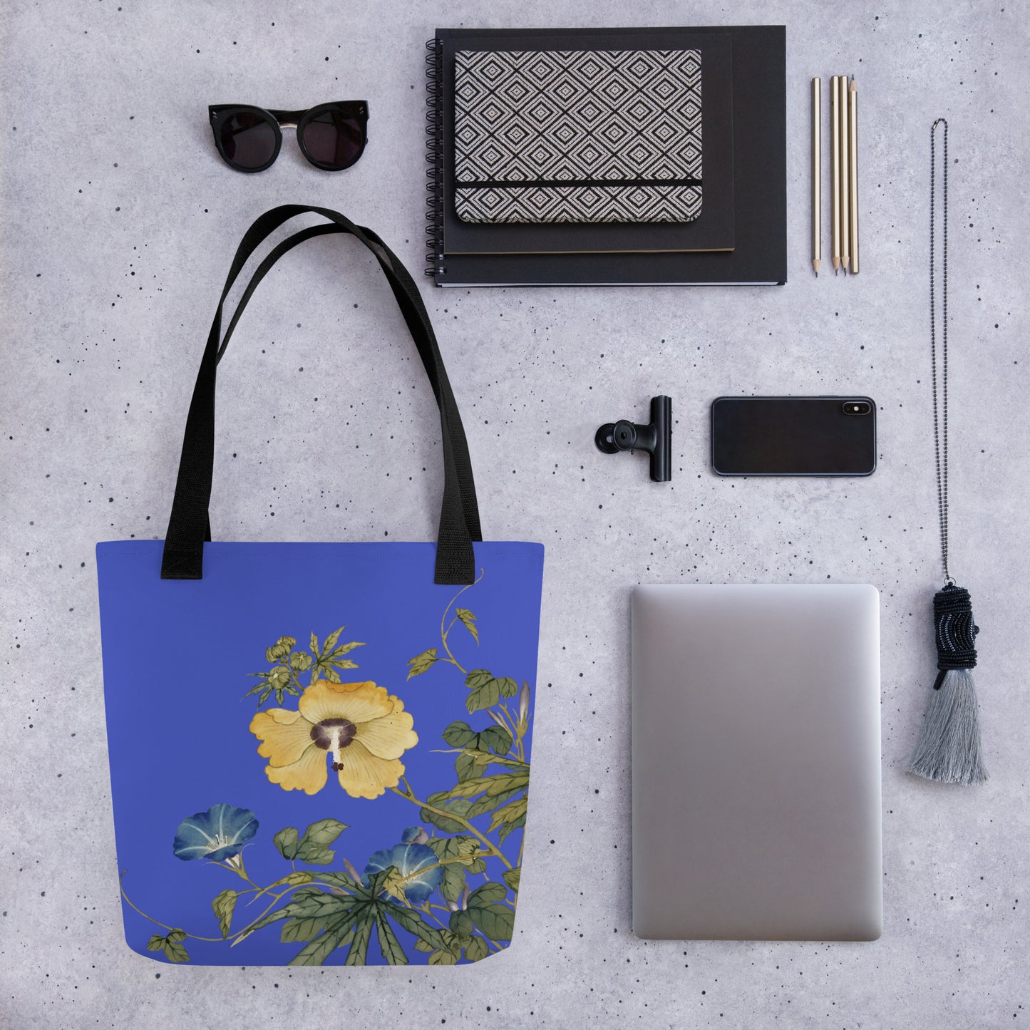 The Spirit of Flowers in Twelve Months｜Okra and White-edged Morning Glory in Bloom｜Tote bag｜Royal blue