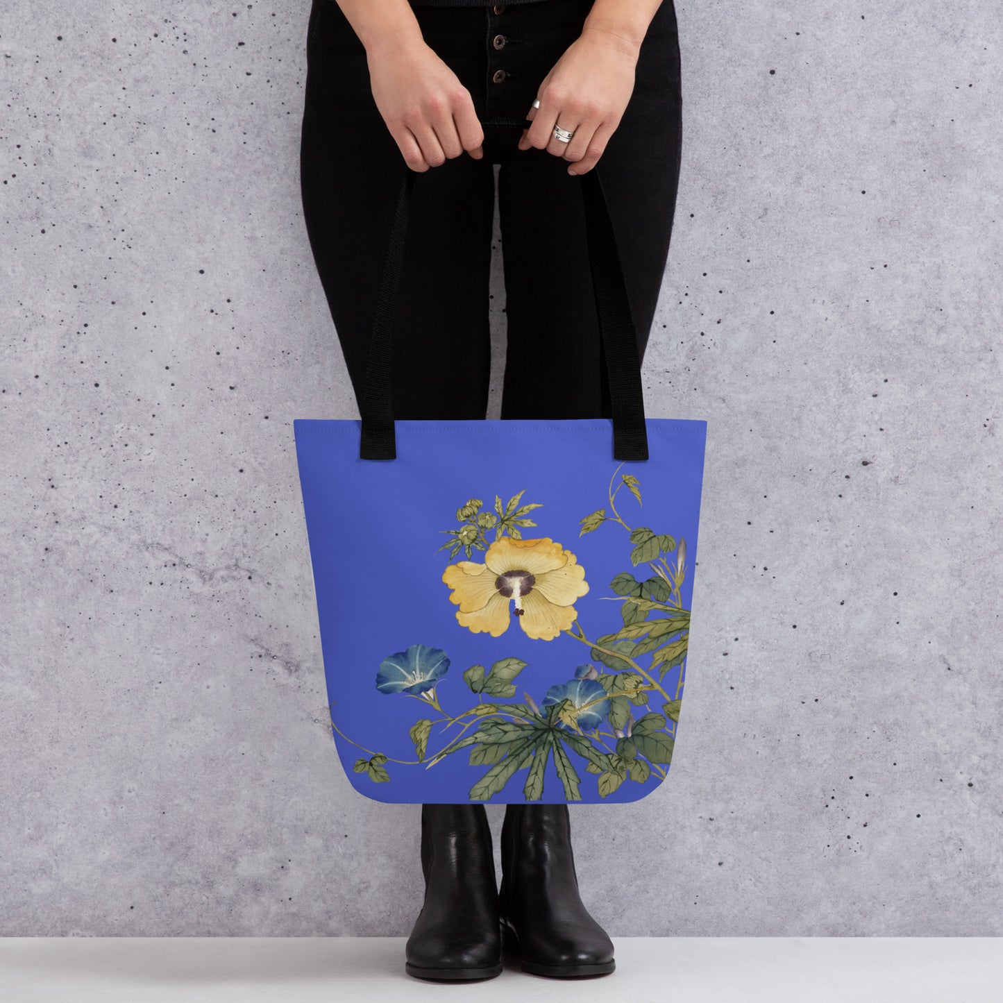 The Spirit of Flowers in Twelve Months｜Okra and White-edged Morning Glory in Bloom｜Tote bag｜Royal blue