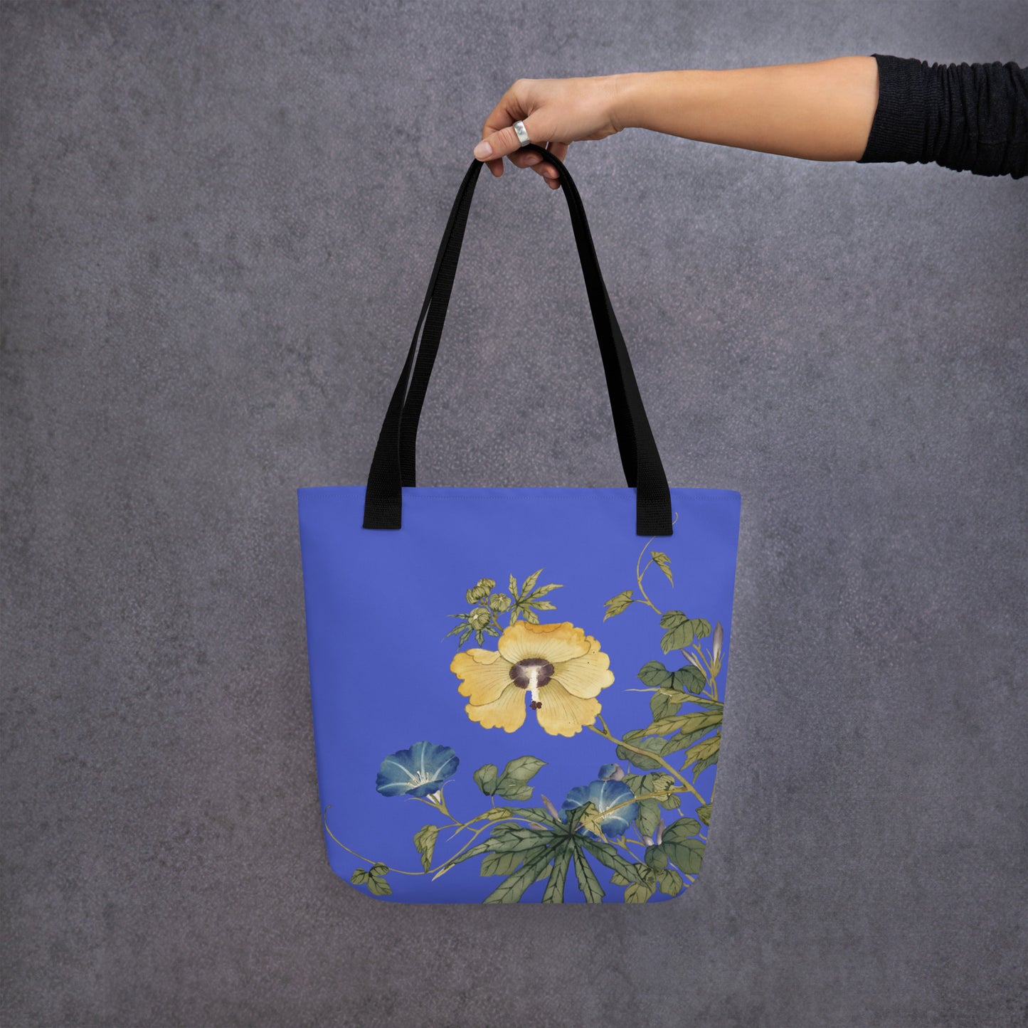 The Spirit of Flowers in Twelve Months｜Okra and White-edged Morning Glory in Bloom｜Tote bag｜Royal blue