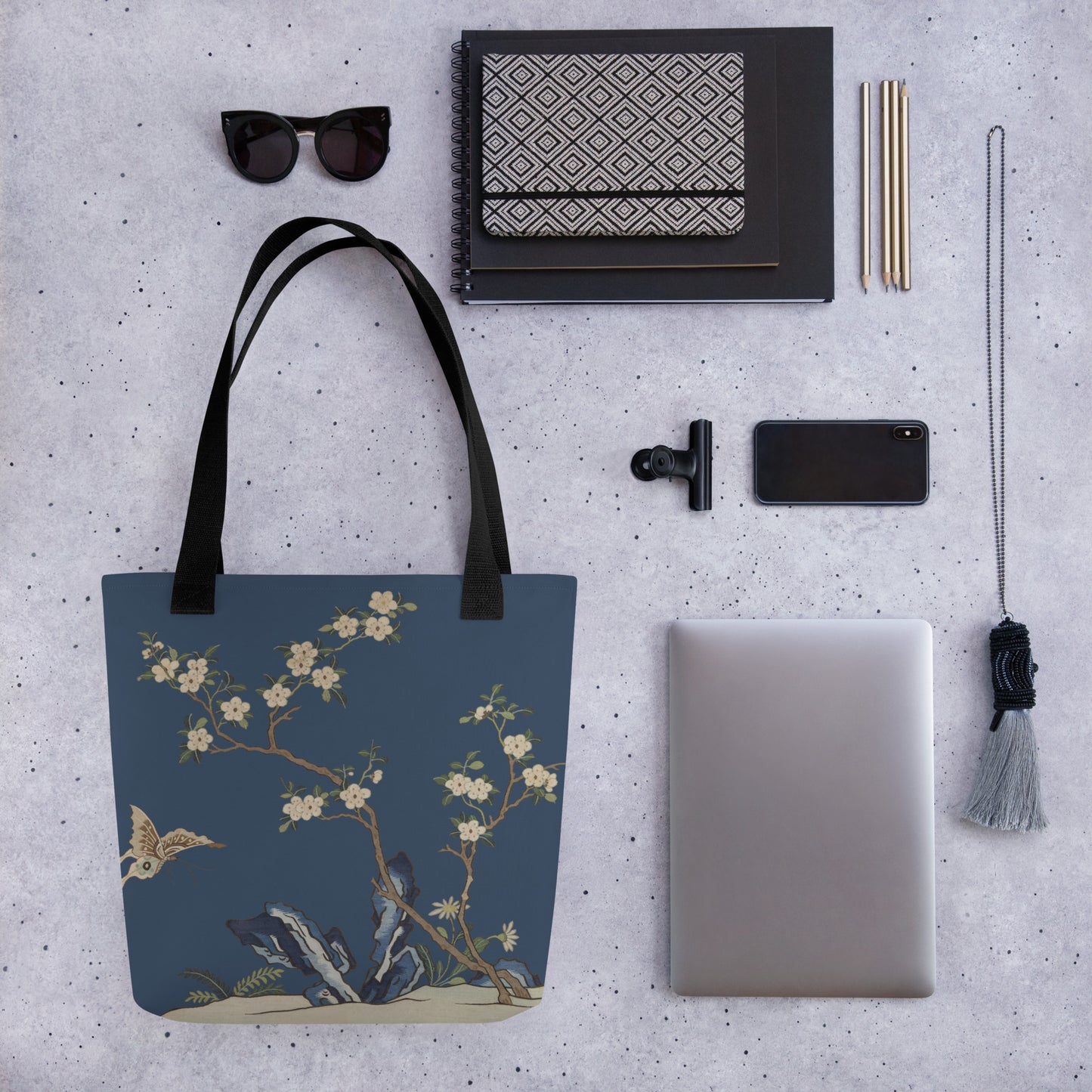 Kesi Flower Album｜White Plum Blossoms and Butterfly｜Tote bag｜Dark blue