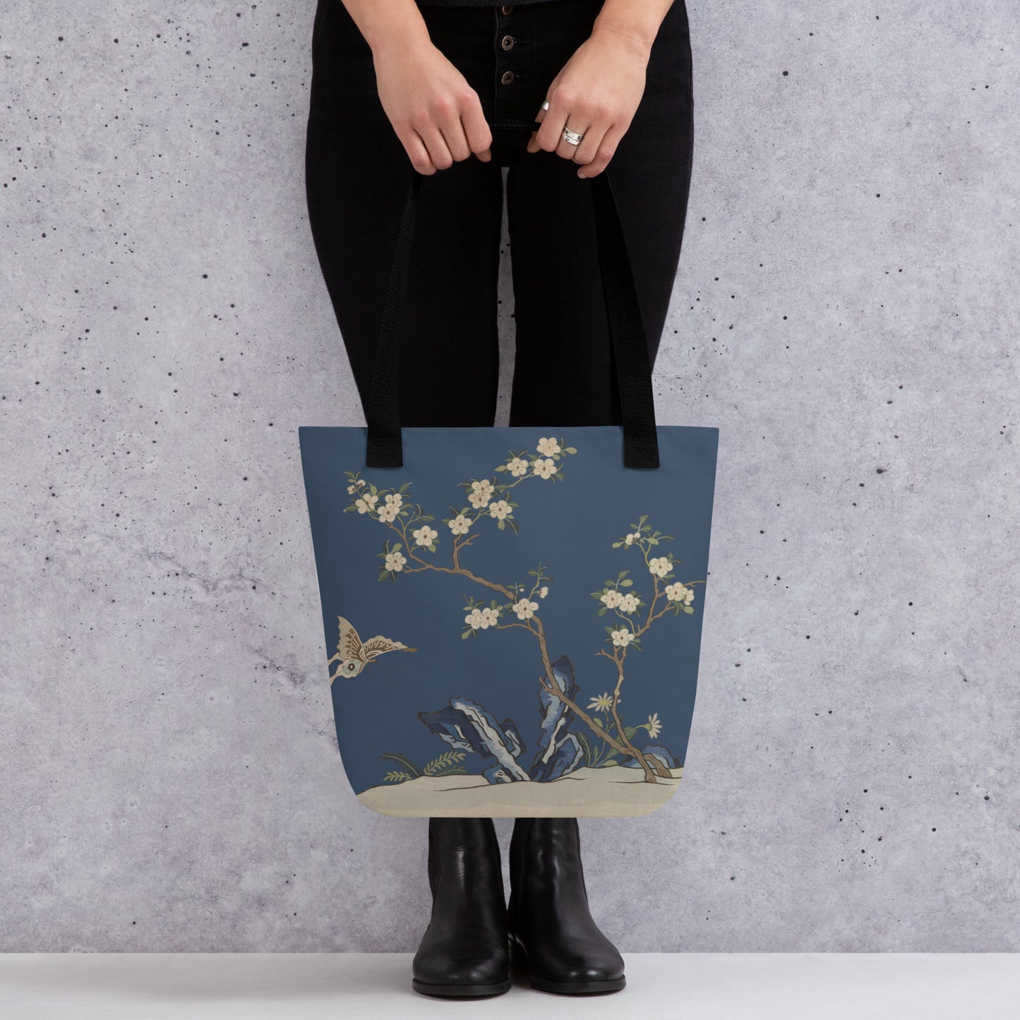 Kesi Flower Album｜White Plum Blossoms and Butterfly｜Tote bag｜Dark blue