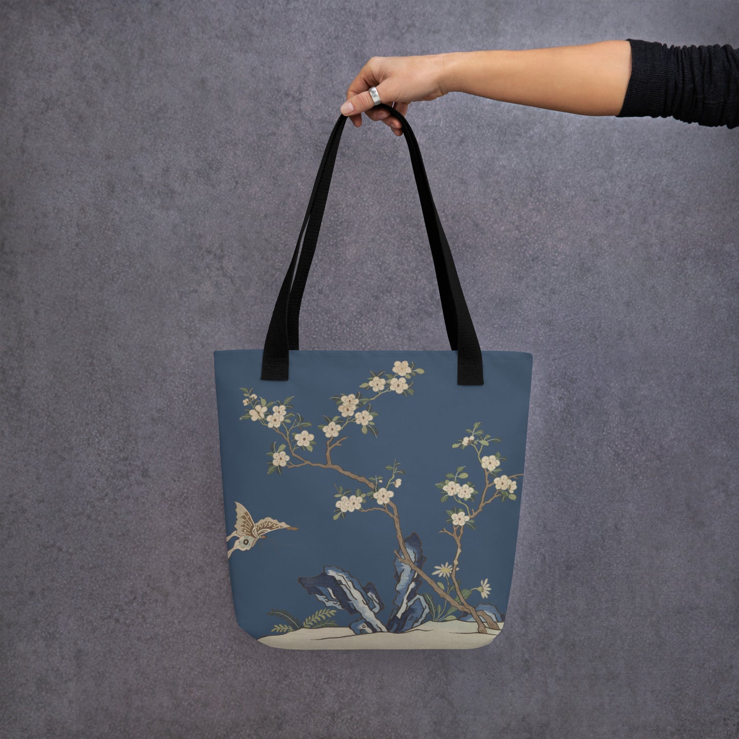 Kesi Flower Album｜White Plum Blossoms and Butterfly｜Tote bag｜Dark blue