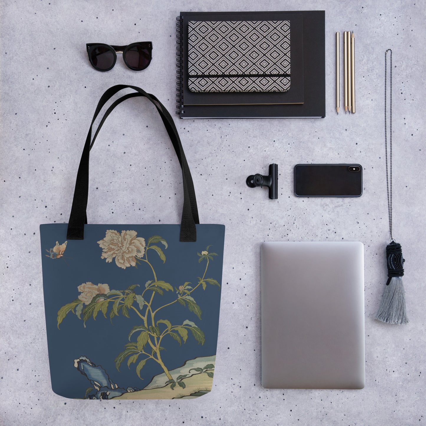 Kesi Flower Album｜Peonies and Butterfly｜Tote bag｜Dark blue