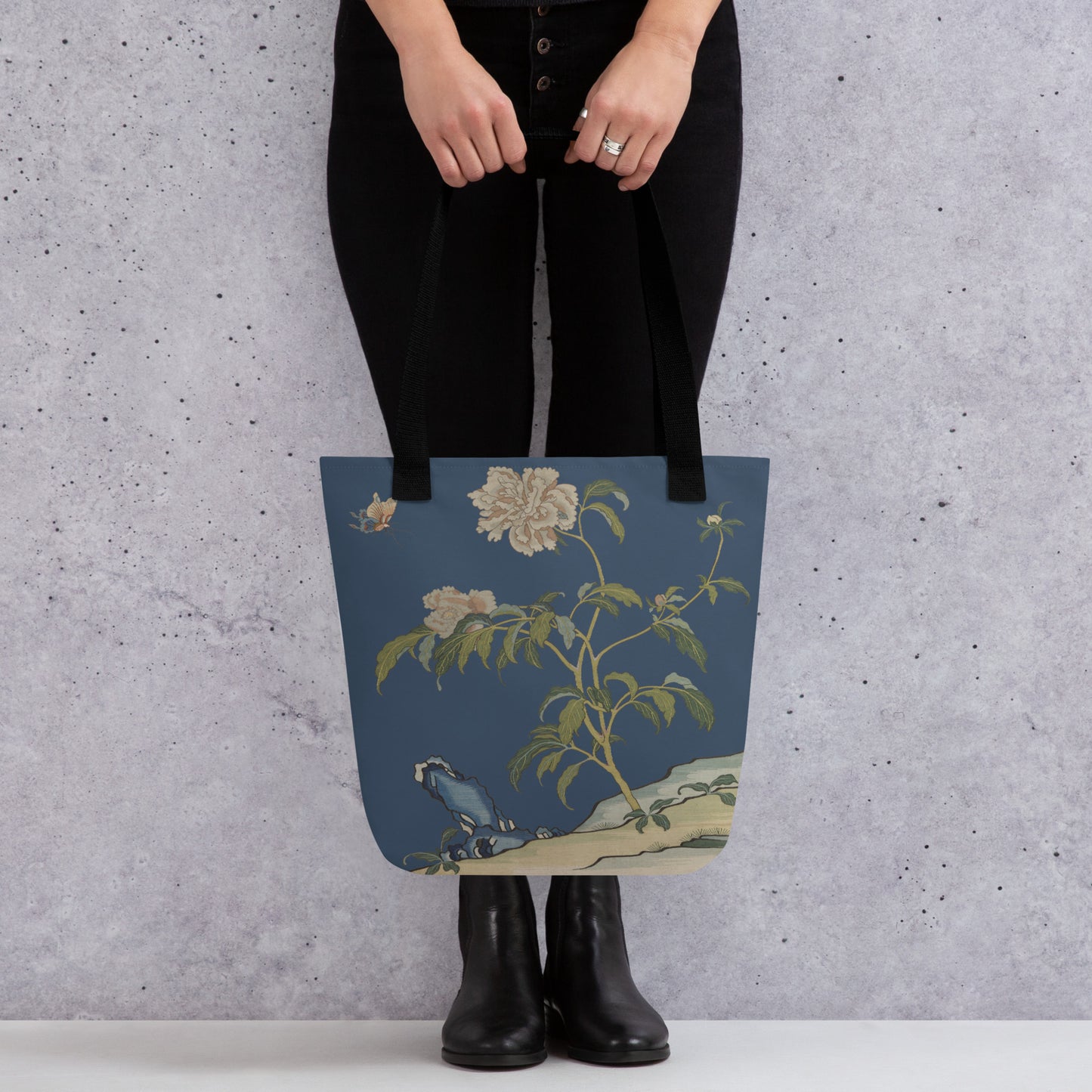 Kesi Flower Album｜Peonies and Butterfly｜Tote bag｜Dark blue