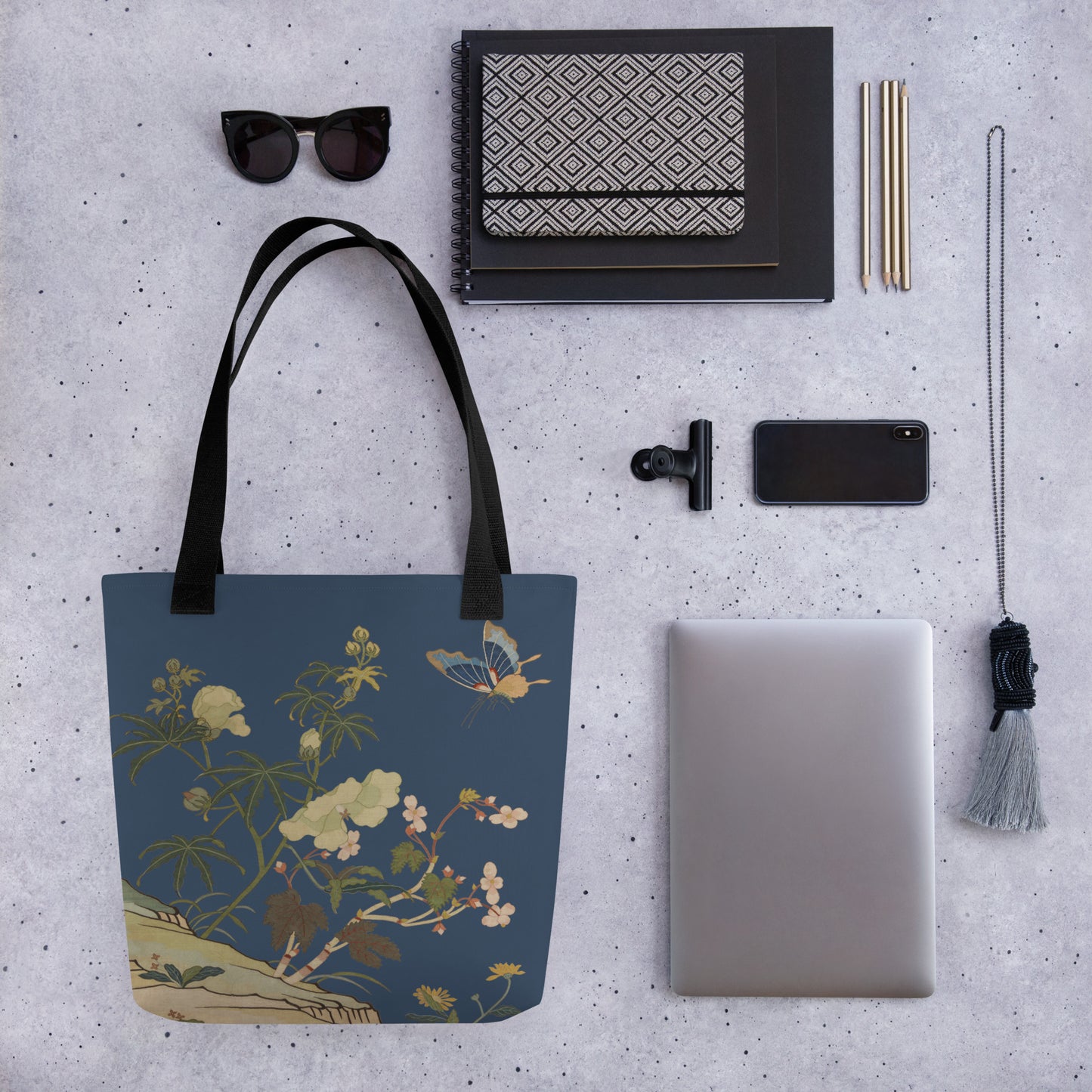 Kesi Flower Album｜Hibiscus and Begonia Blossoms｜Tote bag｜Dark blue